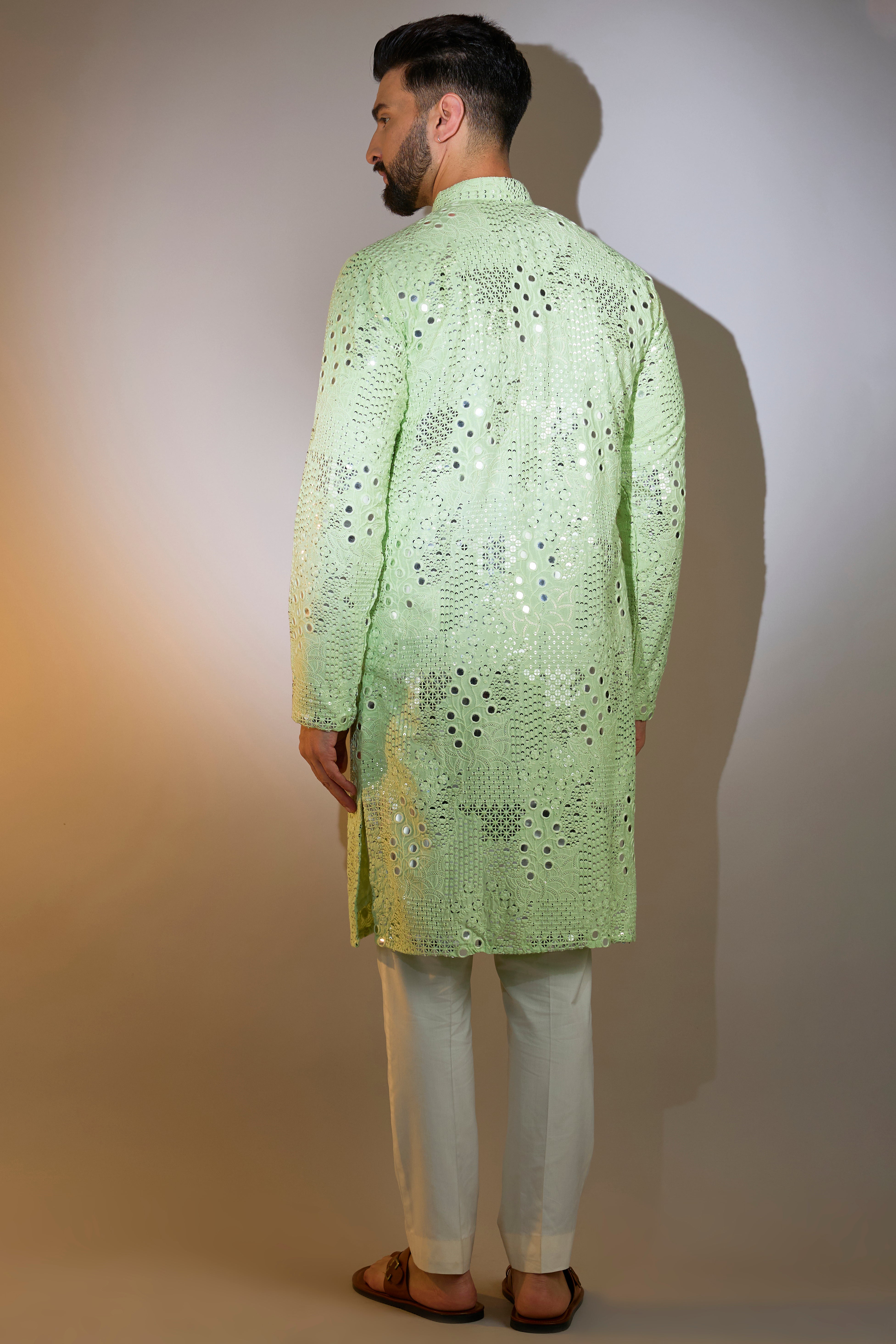 Pastel Green Mirror Work Kurta for Women - Elegant Embroidered Indian Tunic Top for Festivals, Weddings & Casual Wear