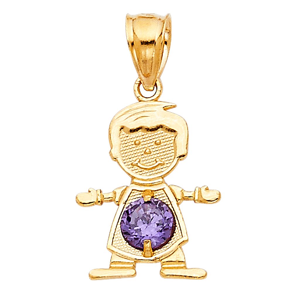 14K Yellow Gold February Birthstone Cubic Zirconia CZ Boy Charm Pendant with 1.2mm Flat Open Wheat Chain Necklace | Elegant Jewelry Gift for Valentine's Day, Anniversary, Birthday | Perfect for Women, Girls, Teens