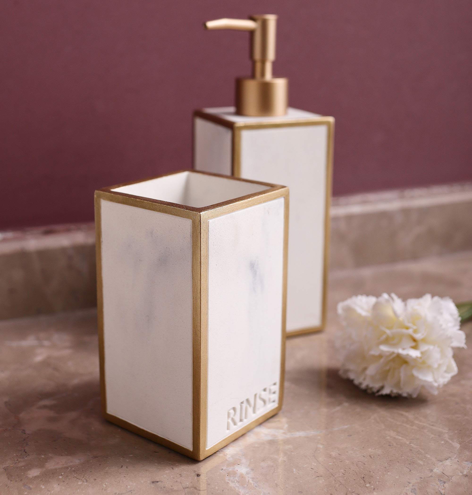 Hymmah 4-Piece Bathroom Accessories Set - Farmhouse Style Toothbrush Holder, Soap Dispenser, Soap Dish & Tumbler | Resin Bath Decor Gift Set for Apartment Essentials | Perfect for Guest Bathrooms, Rustic Home Decor & Housewarming Gifts