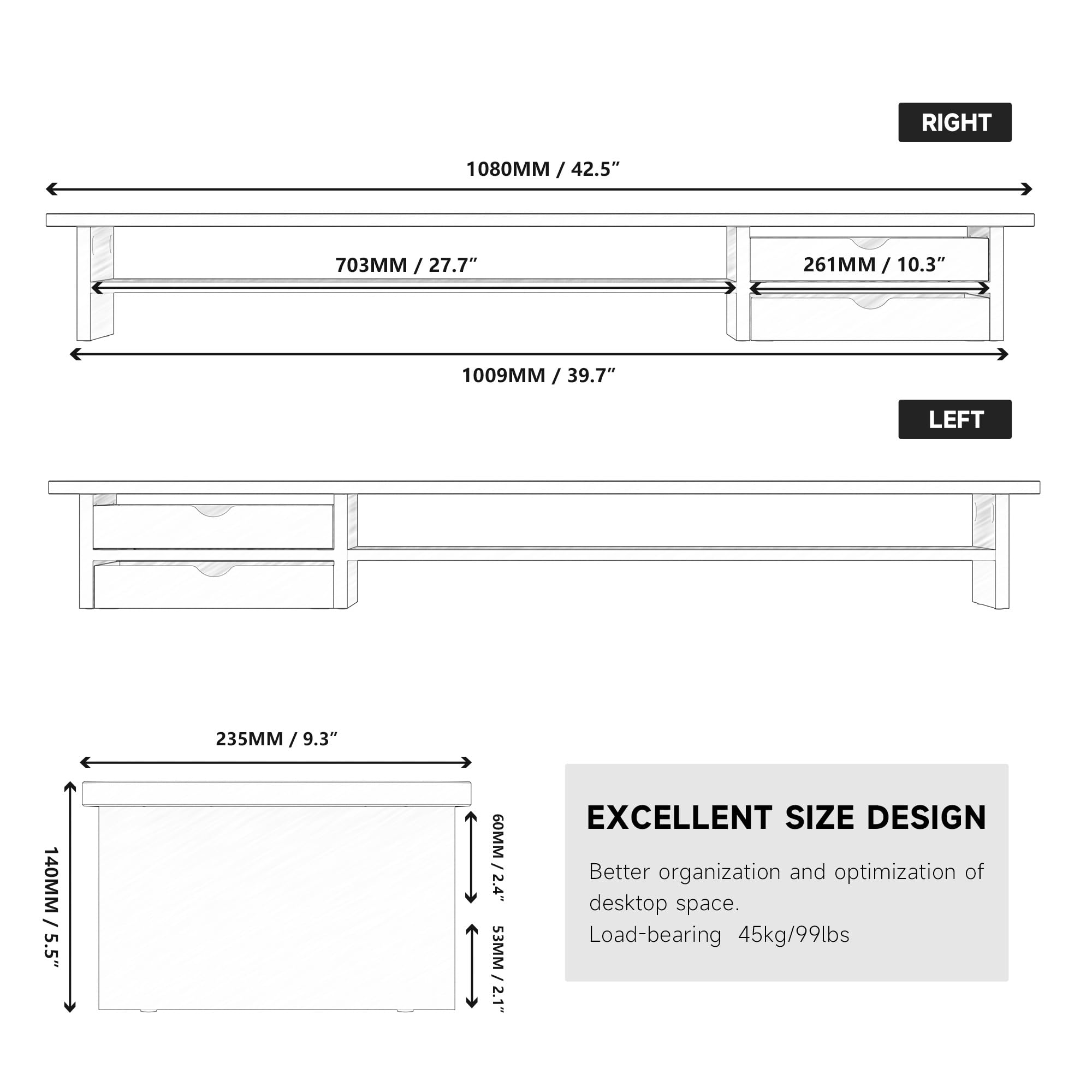 Dual Monitor Stand with 2 Acrylic Storage Drawers - 42.5