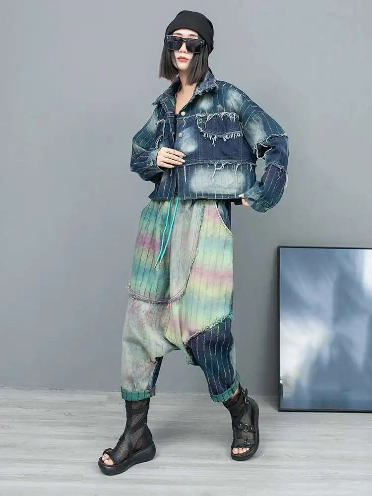 Women's Big Size Denim Jacket & Wide Leg Pants Two-Piece Suit - Lapel Long Sleeve Fashion Set for Spring & Autumn 2025 | Trendy Outfit for Casual Wear, Office, and Date Nights (Style: 1DH6431)