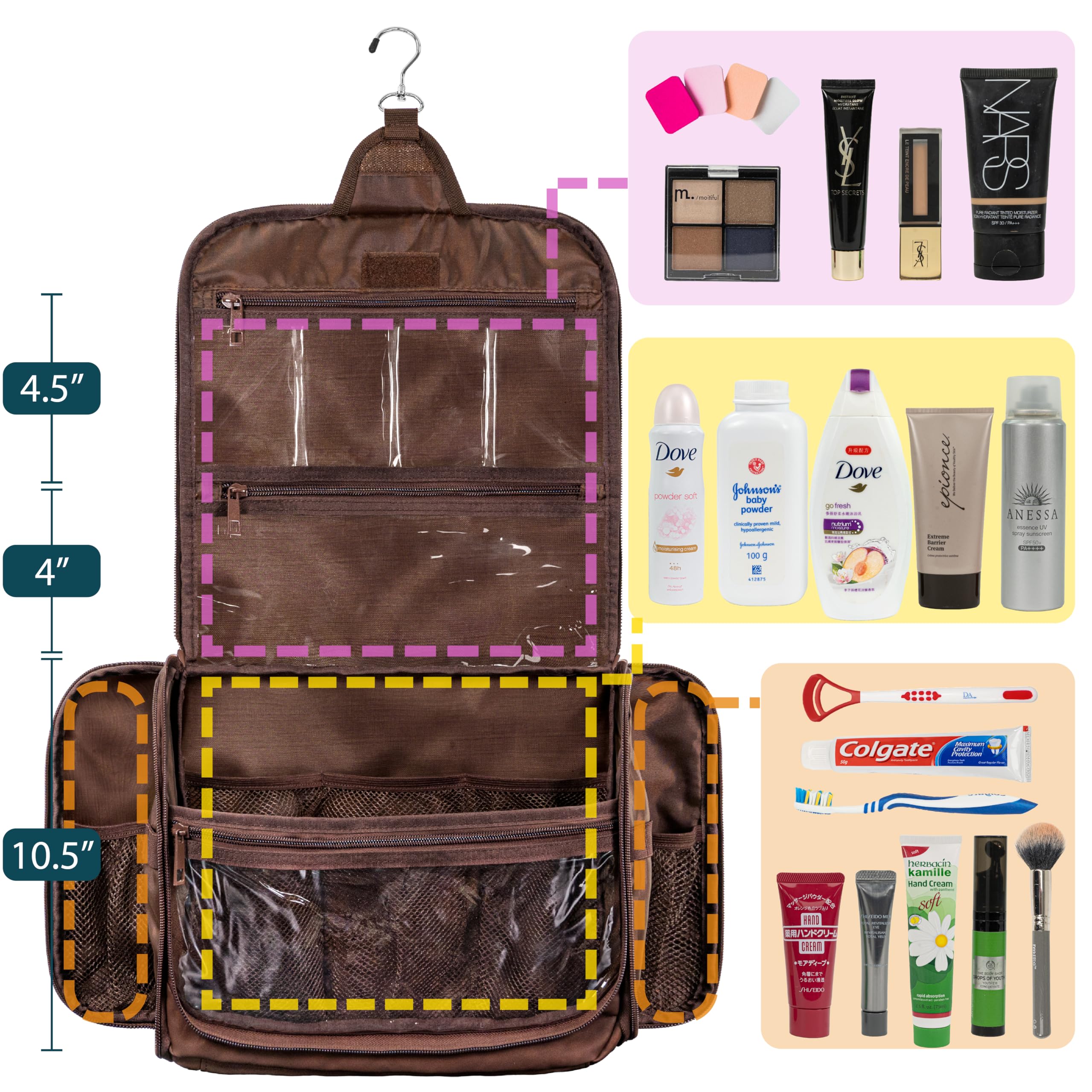 PAVILIA Large Hanging Toiletry Bag for Women & Men - PU Leather Water Resistant Cosmetic Organizer | Makeup Bag & Travel Essentials Kit (Brown) - Perfect for Vacation, Business Trips & Gym