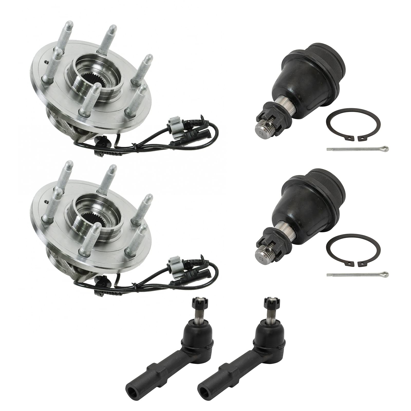 TRQ 6-Piece Wheel Hub & Bearing Kit with Ball Joints and Outer Tie Rods for Chevy Silverado 1500 (2007-2018) - Complete Front Suspension Repair Solution for Smooth Ride & Off-Road Performance