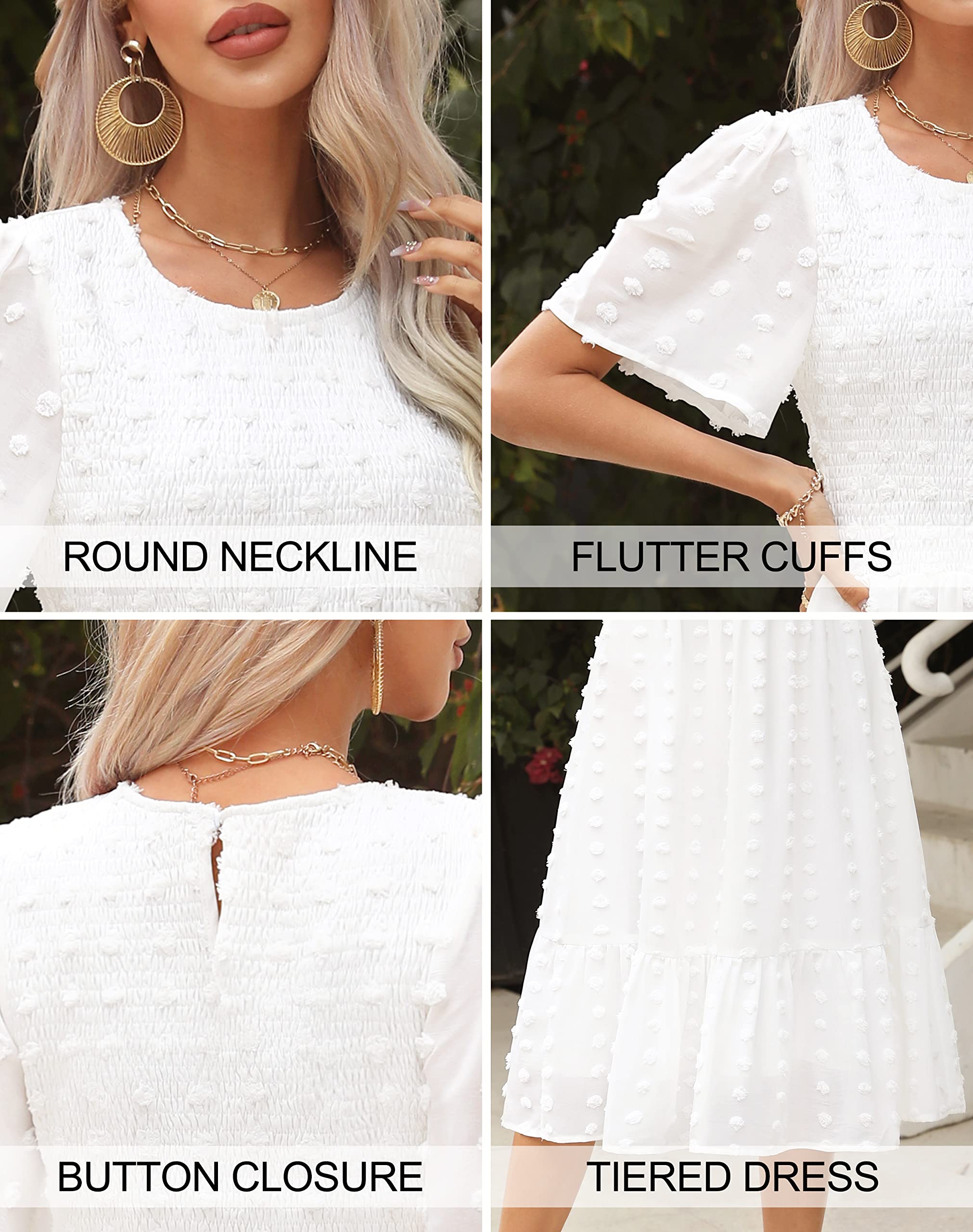 Annebouti Women's 2025 Summer Spring Wedding Guest Dress - Short Sleeve Casual Flowy Swiss Dot Smocked Midi Dress for Bridal Shower, Garden Party & Cocktail Events