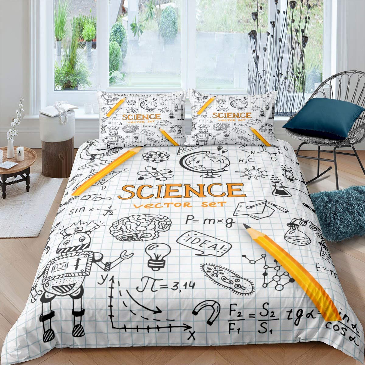 Feelyou Cute Robot Themed Bedding Set for Kids - Math & Science Print Comforter Cover with Black White Grid Plaid Design - Twin Size Duvet Cover Set (2Pcs) for Boys & Girls Room Decor | Perfect for STEM Themed Bedrooms & Science Lovers