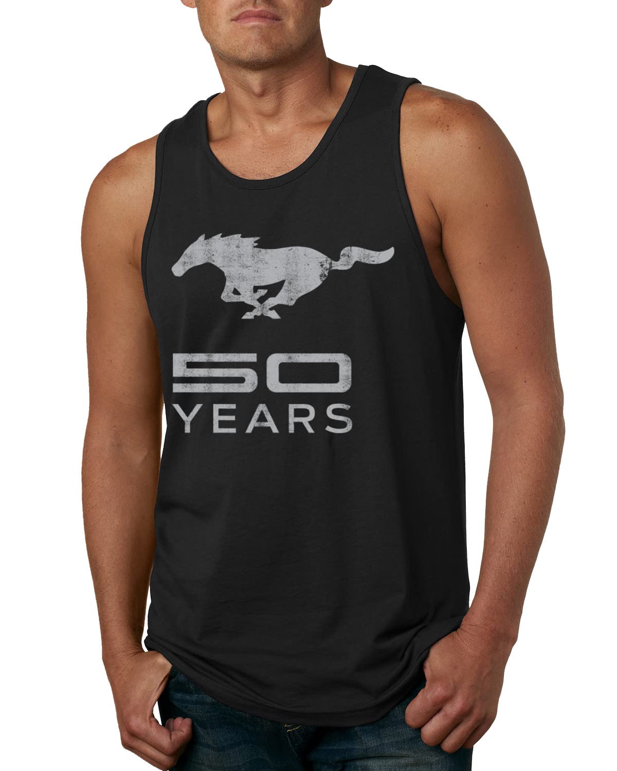 Vintage Ford Mustang 50th Anniversary Logo Emblem Graphic Tank Top for Men - Classic Muscle Car Enthusiast Apparel for Cars & Trucks Shows, Casual Wear