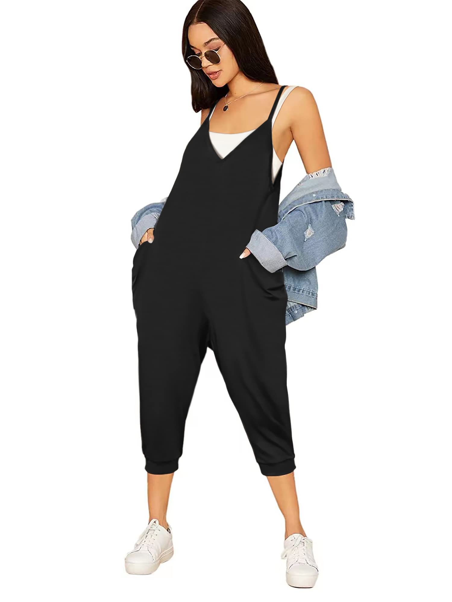 Women's Summer Casual Spaghetti Strap Jumpsuit - Sleeveless V-Neck Adjustable Thin Strap Romper with Pockets | Perfect for Beach, Vacation, and Outdoor Activities