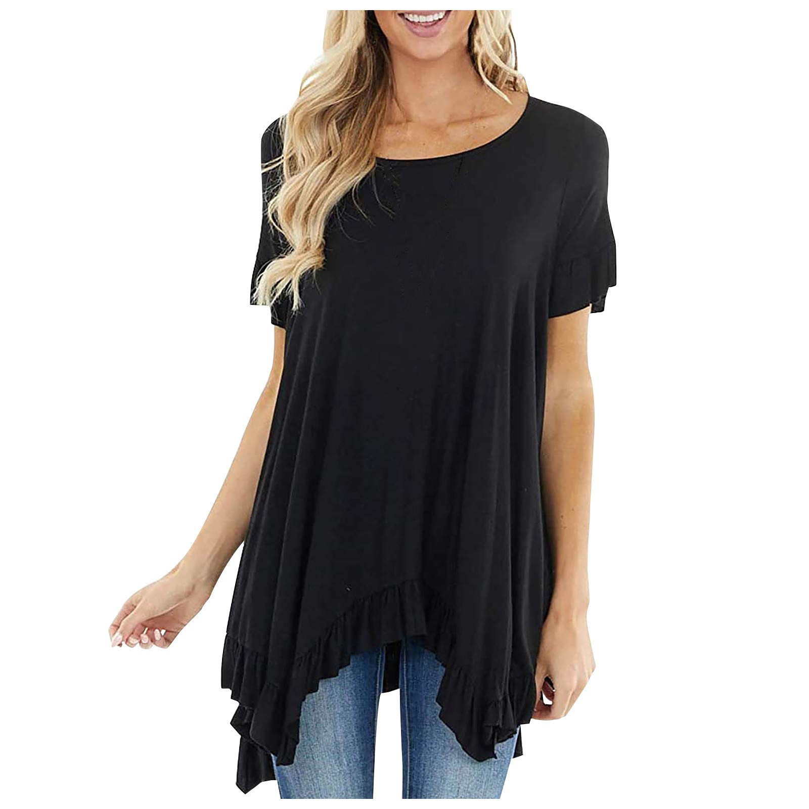 Women's Fashion Casual Ruffle Short Sleeve Tops - Round Neck Irregular Hem Blouse for Summer Outfits, Beach Wear & Daily Casual Style