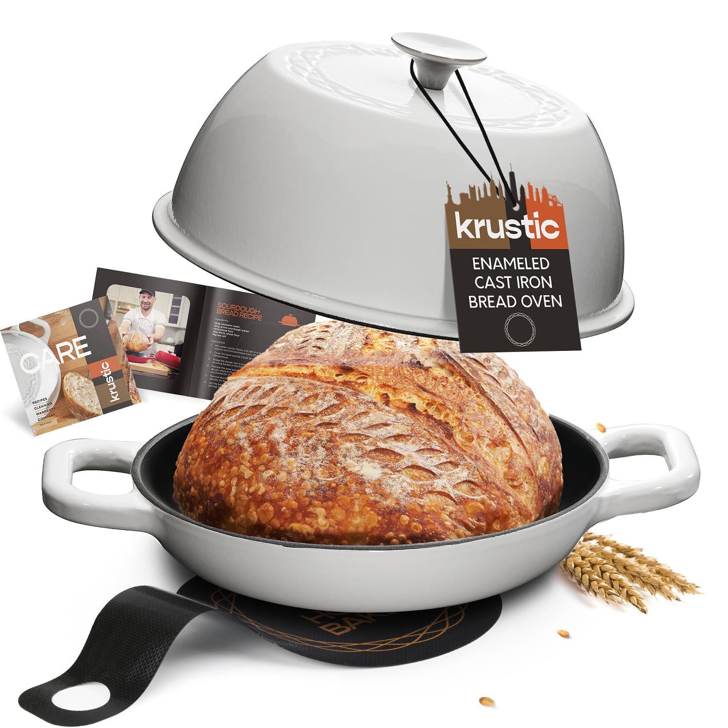Enameled Cast Iron Dutch Oven 6 Quart - 10 Inch Ceramic Coated Cookware with Lid & Non-Stick Silicone Baking Mat - Perfect for Sourdough Bread Baking, Roasting, Stewing & Camping - White 6 Qt