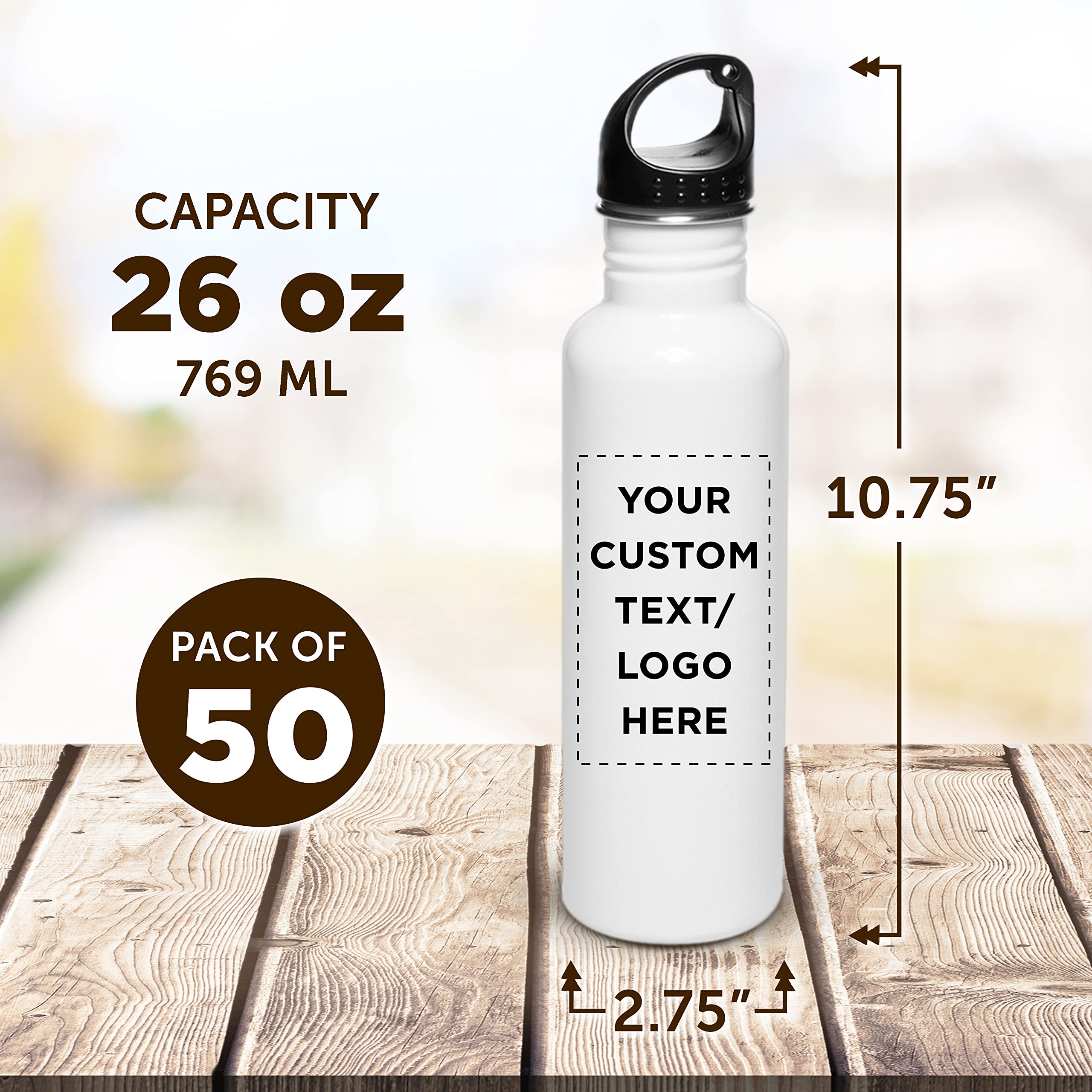 50-Pack Custom Stainless Steel Water Bottles 26oz - Personalized Bulk Reusable & Leakproof - Ideal for Gym, Hiking, Camping, Outdoor Sports, Office & School - White (Wholesale Discount)