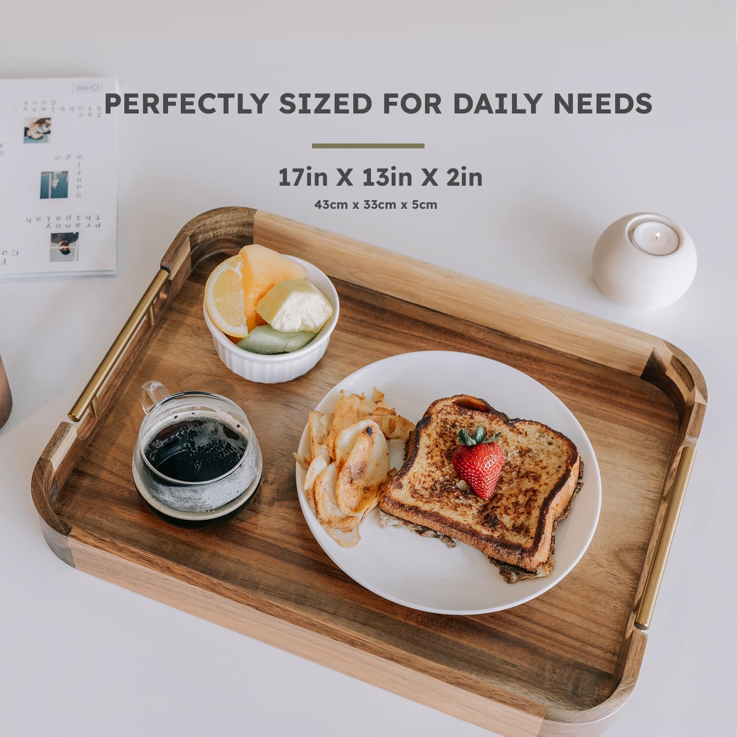 17x13 Inch Acacia Wood Ottoman Tray with Handles - Decorative Serving Tray for Coffee Table, Breakfast in Bed & Ottoman - Non-Slip Wooden Tray with Anti-Skid Pads - Perfect for Living Room, Bedroom & Home Decor