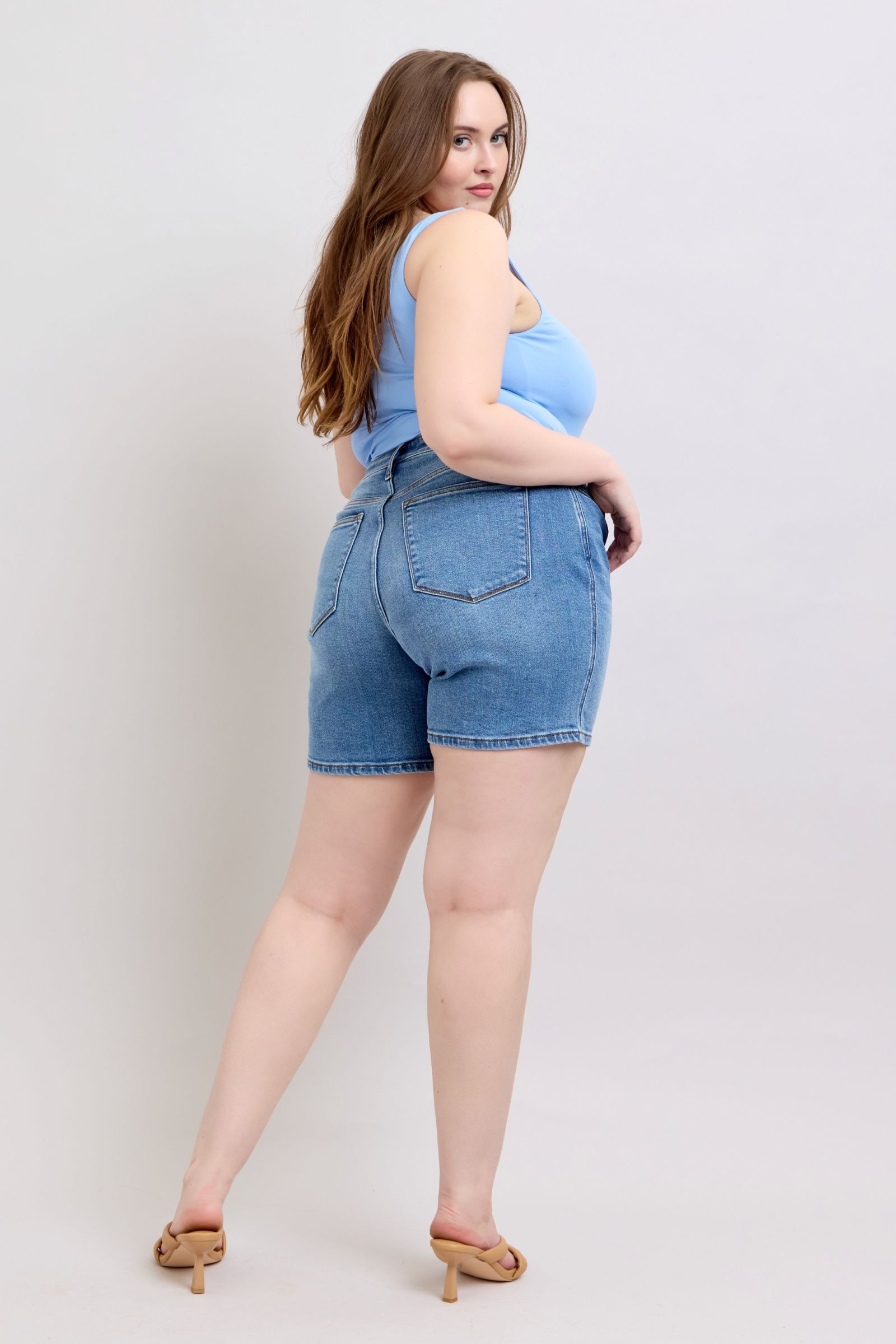 Judy Blue Women's High Waisted 2 Button Denim Shorts with Pockets - Comfortable Stretch Jeans for Summer, Casual Wear & Outfits