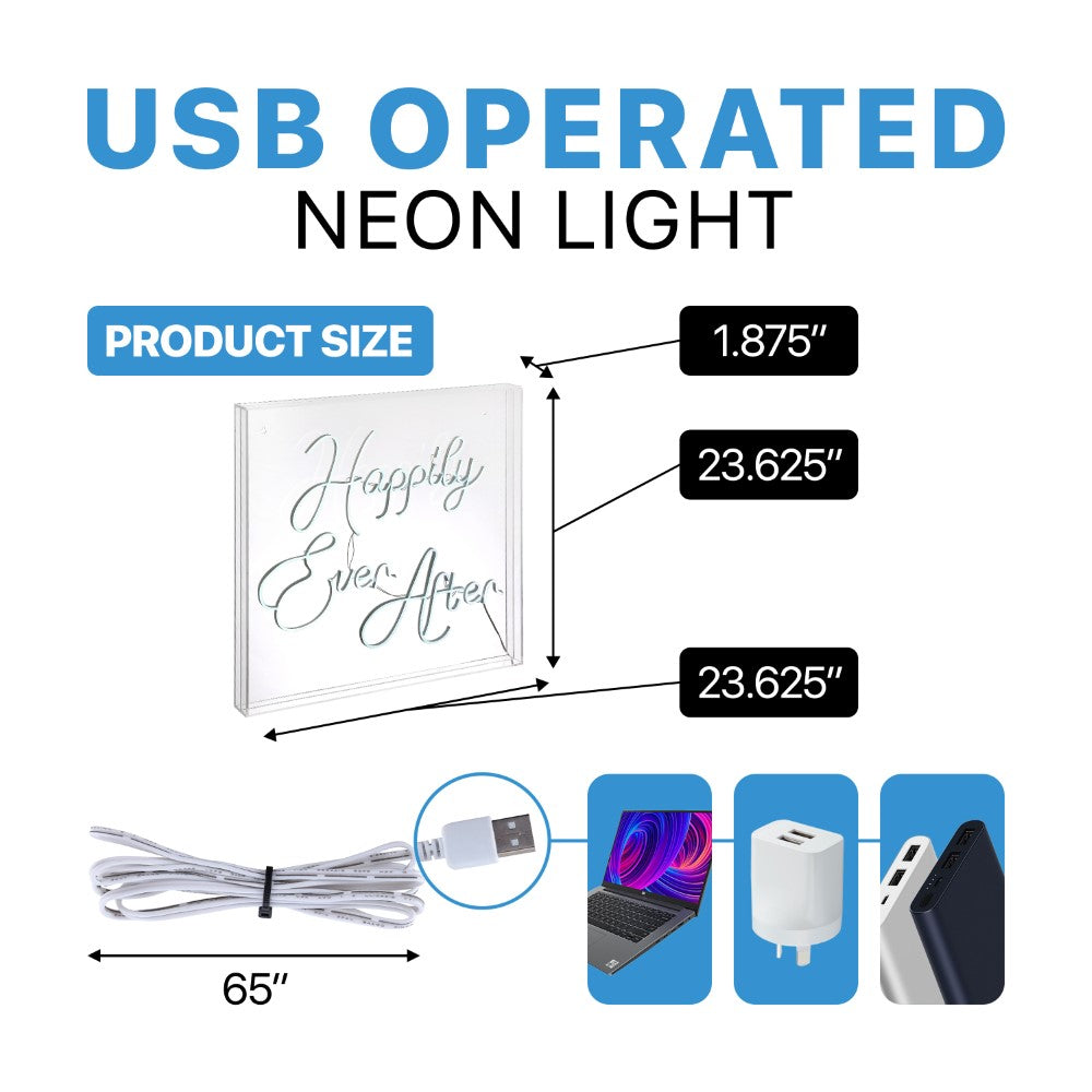 Contemporary Glam Acrylic Box USB LED Neon Light Sign - Perfect for Weddings, Home Decor & Party Lighting - Happily Ever After Design