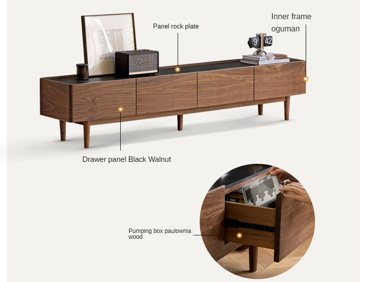 Modern Black Walnut Solid Wood TV Stand with Slate Top - Perfect for Living Room, Home Theater & Entertainment Center Storage