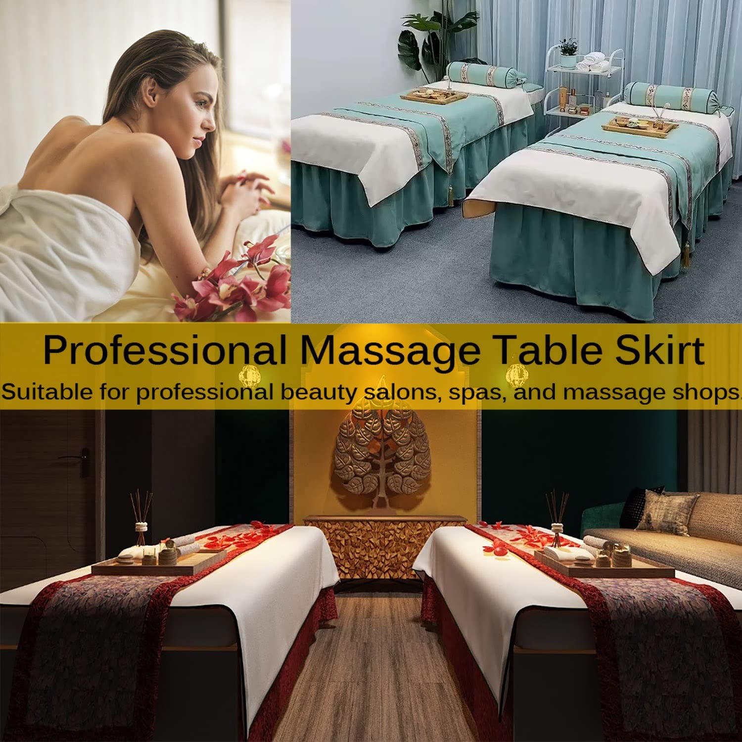 Professional Beauty Salon Spa Massage Table Sheet Set - 4 Piece Bedding Kit with Facial Hole, Bed Skirt & Stool Cover - 70x185cm Round Head Pink Linen - Perfect for Facial Treatments, Massage Therapy & Spa Services