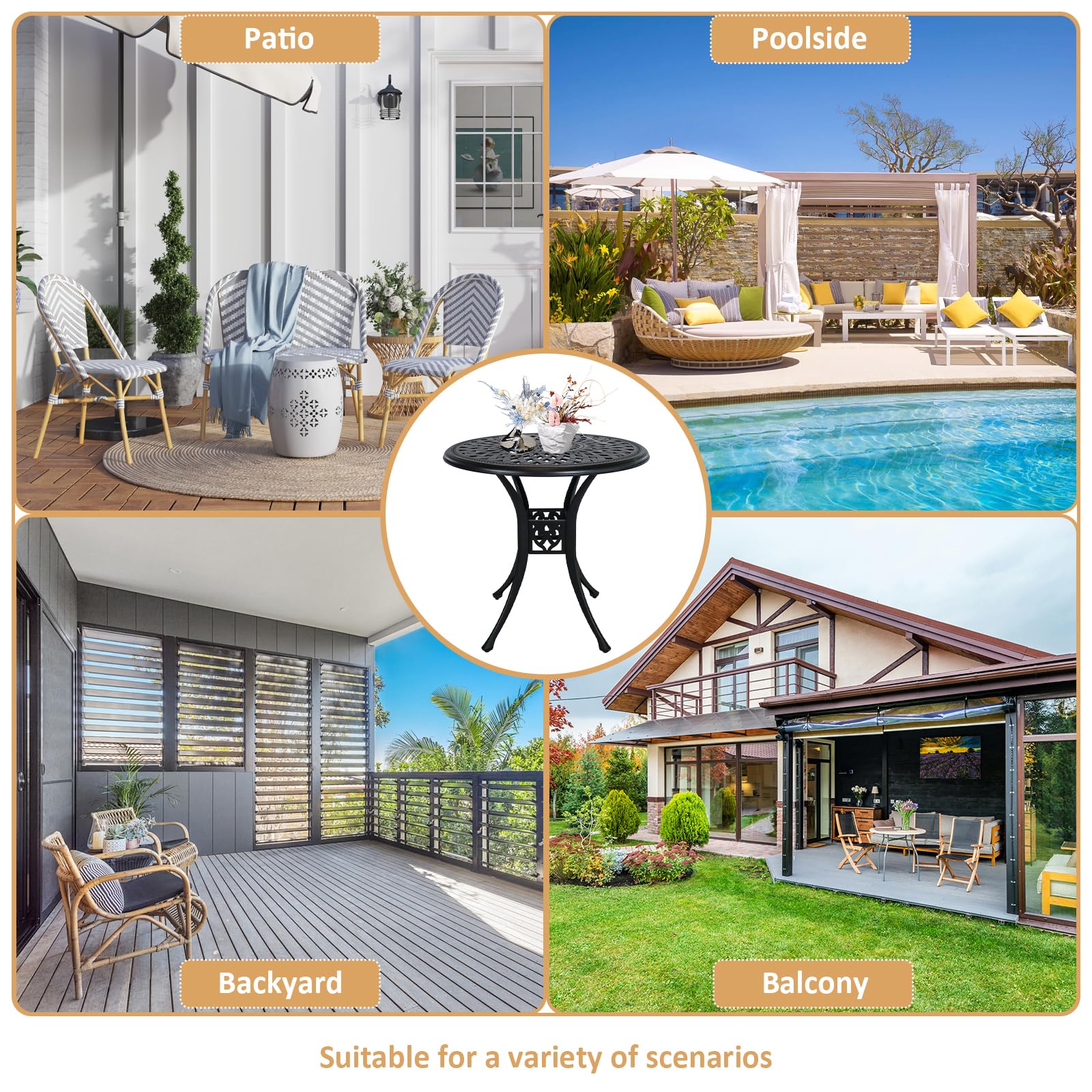 30 Inch Round Outdoor Patio Table with Umbrella Hole - Durable Cast Aluminum Bistro Table for Porch, Backyard, Garden - Weather-Resistant Metal Side Table (Black) - Perfect for Dining, Lounging and Outdoor Entertaining