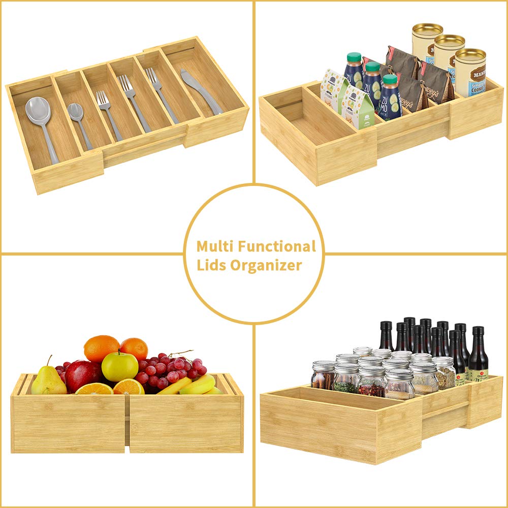 Expandable Bamboo Food Container Lid Organizer - Adjustable Cabinet Storage for Plastic Lids & Covers - Retro Style Organizer Rack with Dividers - Perfect for Kitchen Cabinet & Pantry Organization