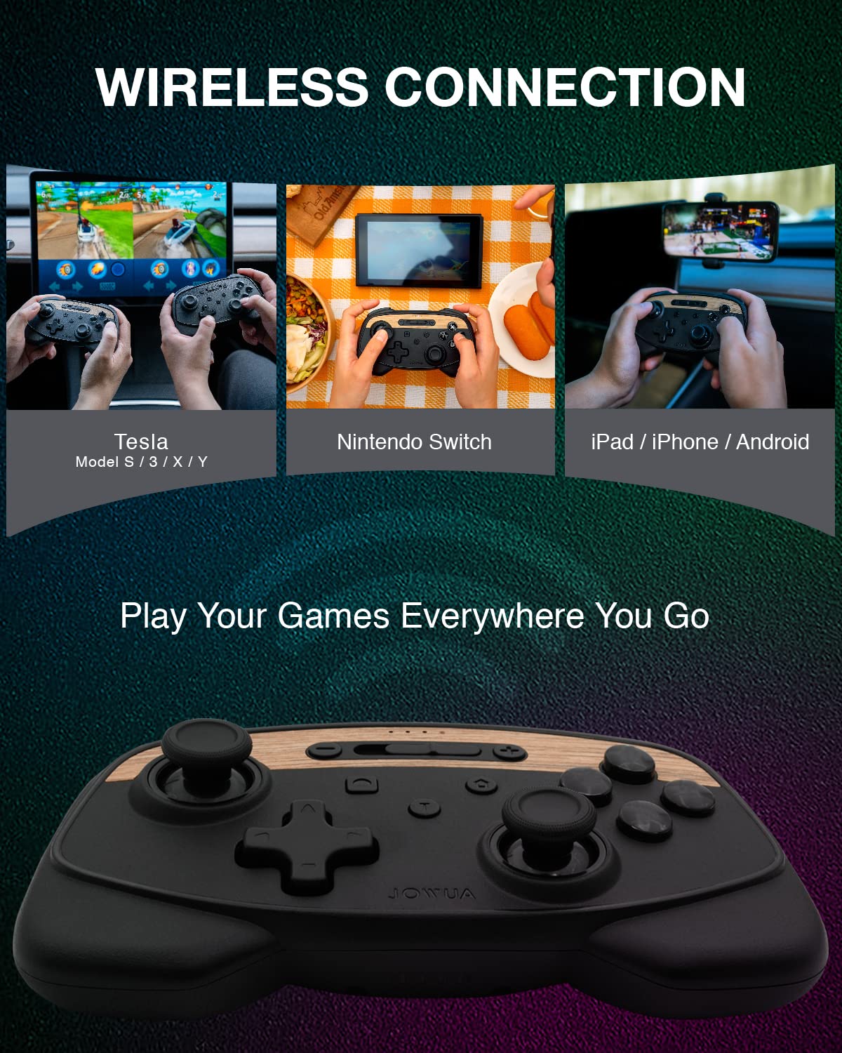 Jowua Wireless Controller for Tesla Model 3/Y/S/X/Cybertruck - Multi-Device Gamepad Compatible with Nintendo Switch & Tesla STEAM Gaming (Black) | Perfect for Road Trips, Home Entertainment & Tesla Arcade Gaming