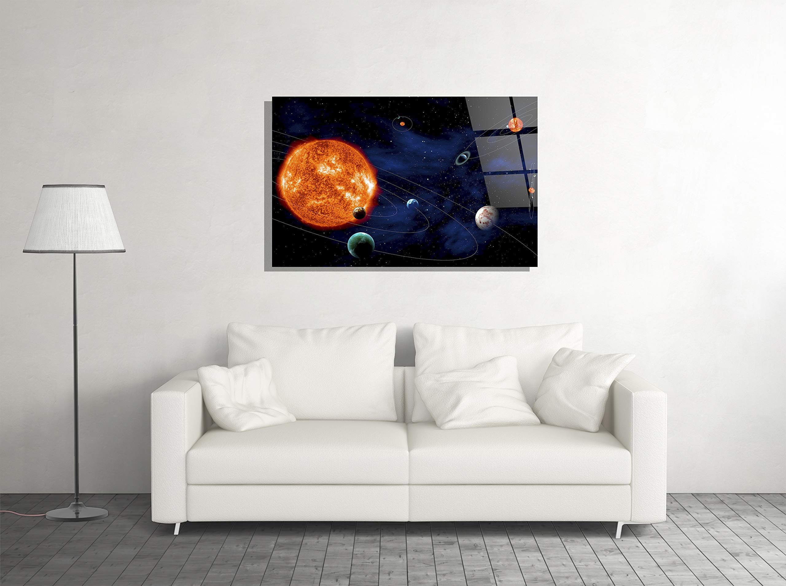 Solar System Wall Art - Tempered Glass Print of Sun, Planets & Stars - Modern Astronomy Decor for Home, Office, Hotel - Perfect Gift for Space Enthusiasts (24x36) - Ideal for Living Room, Bedroom or Classroom Decor