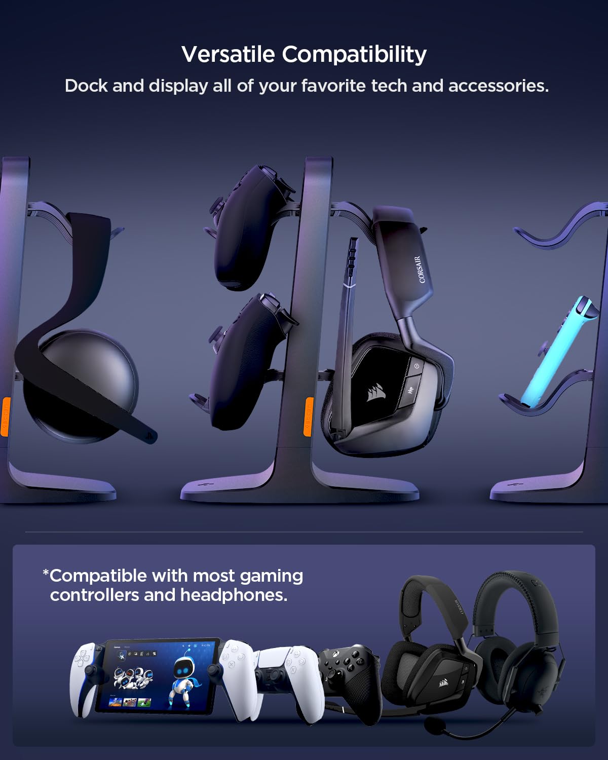Spigen Universal Gaming Controller & Headset Stand - 2 Tier Organizer for PlayStation 5, Xbox Series X, Nintendo Switch, Razer & PC Headsets with Cable Management - Perfect for Gaming Setup & Desk Organization (Black)