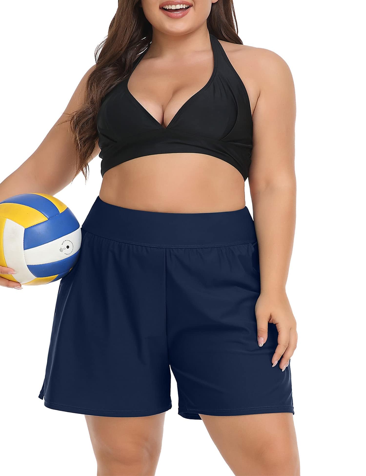 Charmo Women's High Waist Swim Shorts - Tummy Control Board Shorts in Black & Blue | Plus Size Swimwear for Beach, Pool & Water Sports
