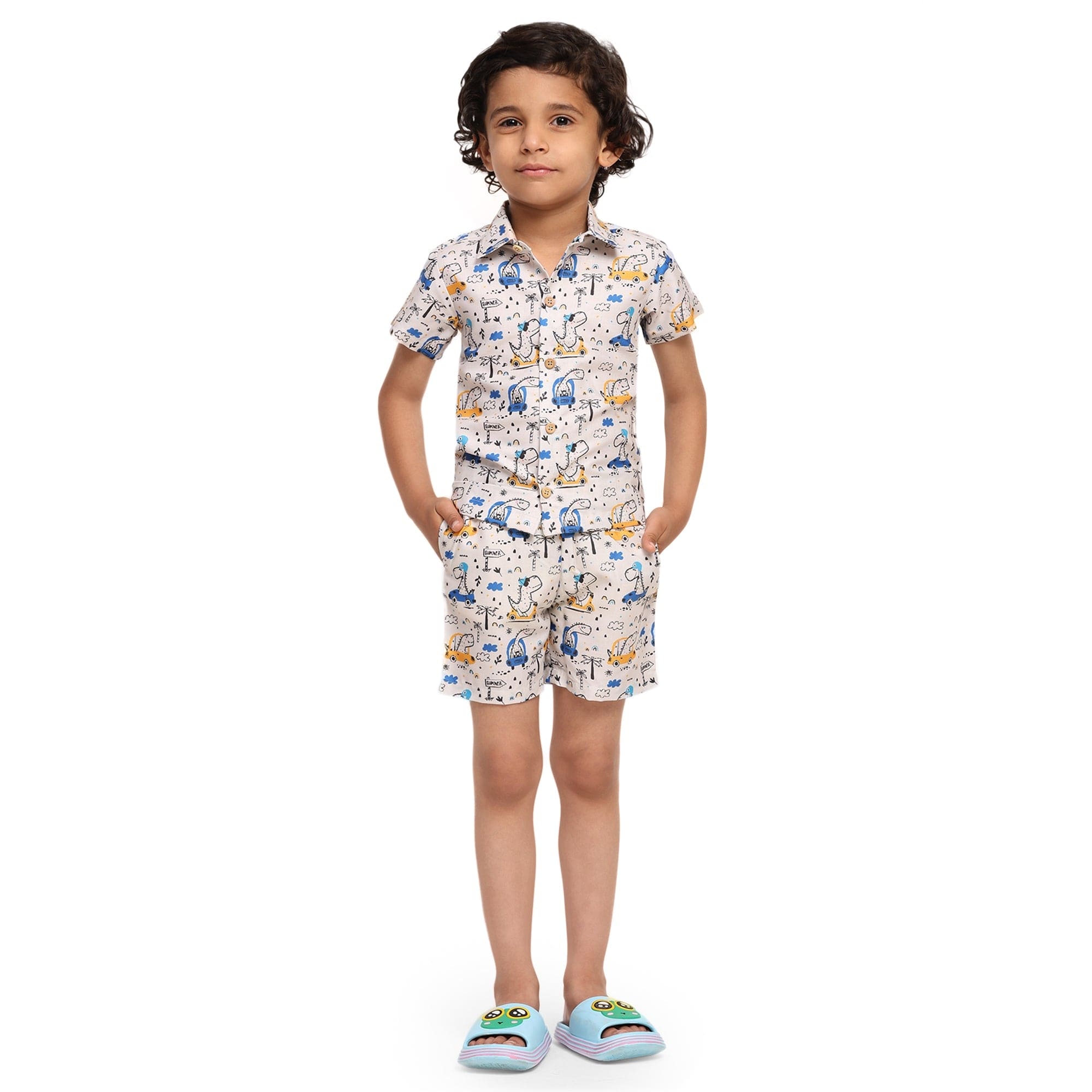 Dino on Car Print Linen Co-ord Set for Women | Stylish Summer Outfit | Perfect for Casual Wear, Beach Trips & Vacation Outfits