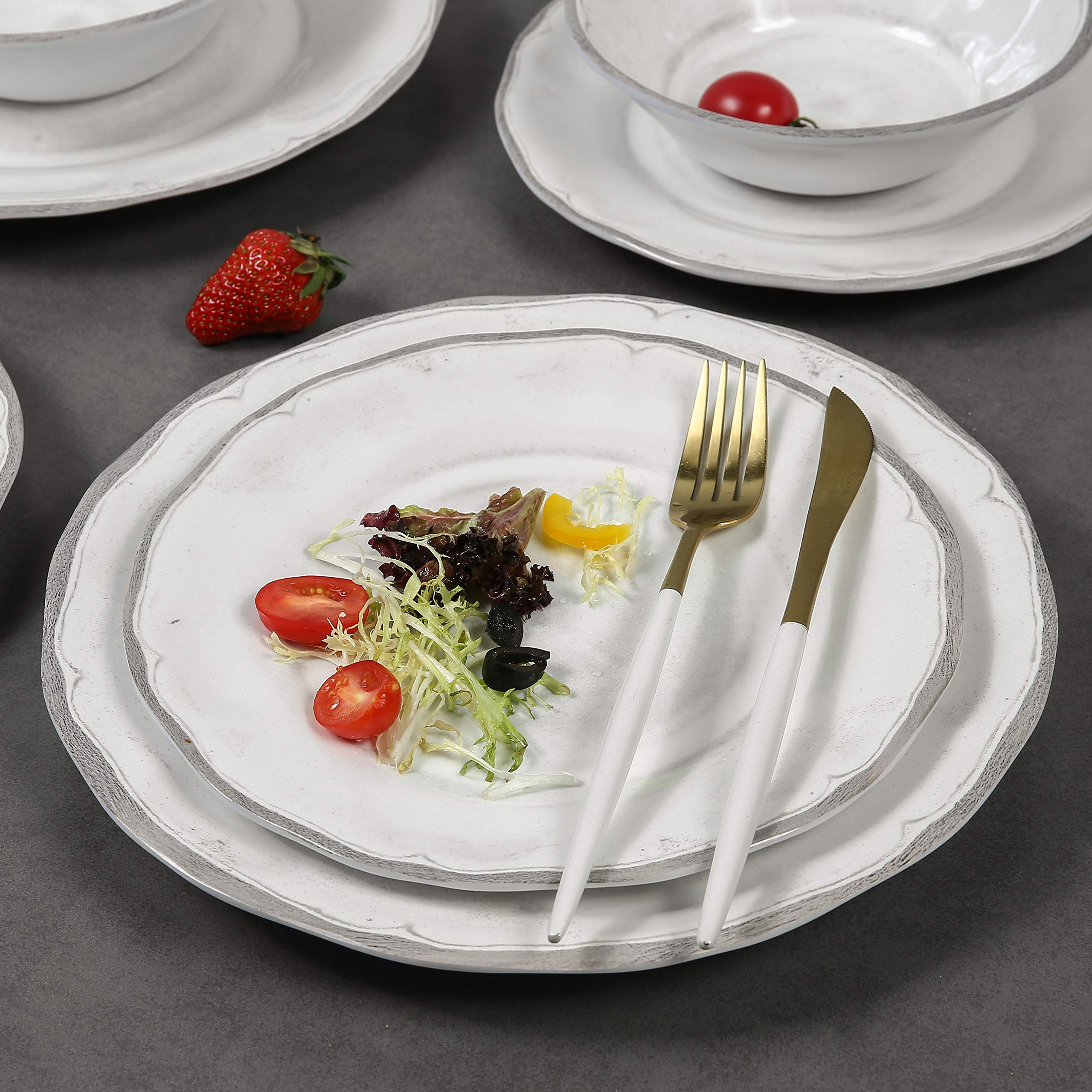 12-Piece Melamine Dinnerware Set - White Plates, Salad Plates & Bowls for Everyday Use | Durable & Lightweight Dish Set for Indoor/Outdoor Dining, Picnics, Camping & Parties