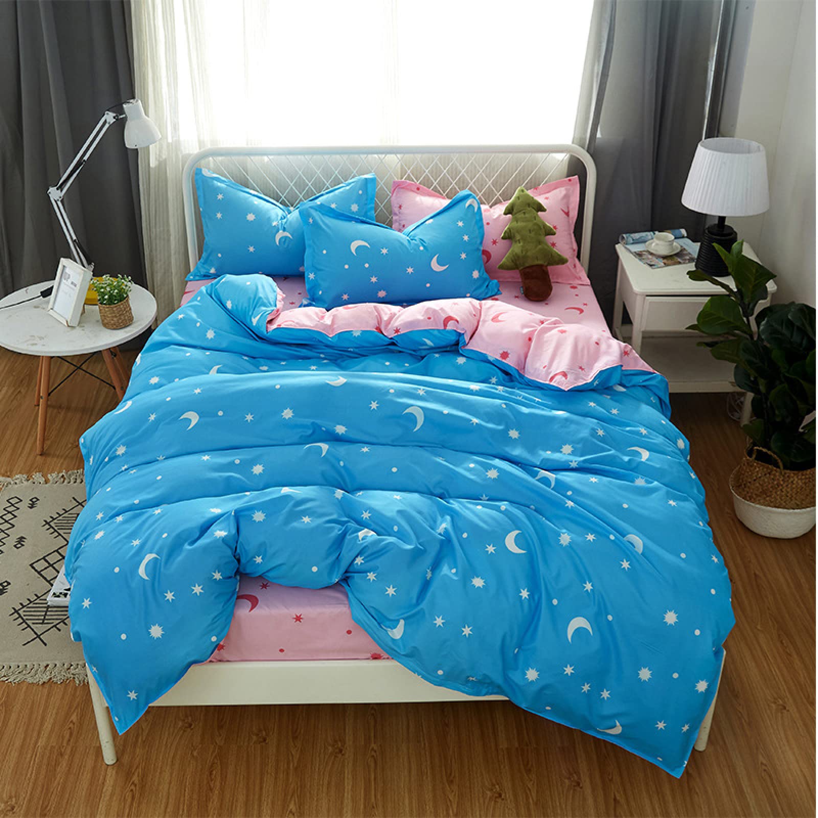 Moon and Star Print Kids Bedding Set - Queen Size Microfiber Duvet Cover & Pillowcases - 3 Piece Comforter Set for Full/King Beds - Soft Galaxy Themed Bedroom Decor for Boys & Girls