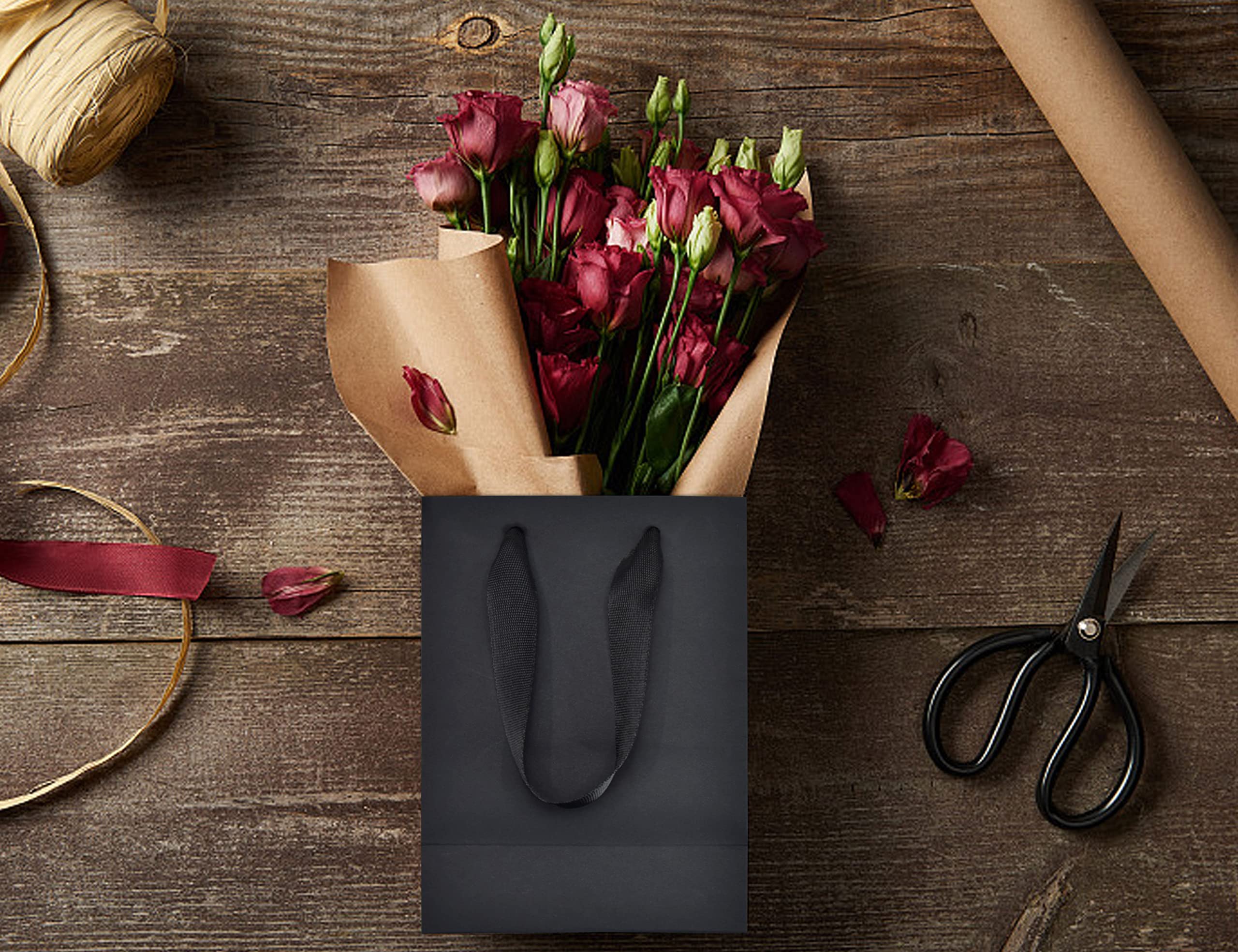 HUAPRINT Matte Black Paper Gift Bags with Handles - 20 Pack Small Kraft Shopping Bags 5.25x3.25x8 Inch - Elegant Retail Merchandise Bags for Wedding Favors, Party Gifts & Business Packaging