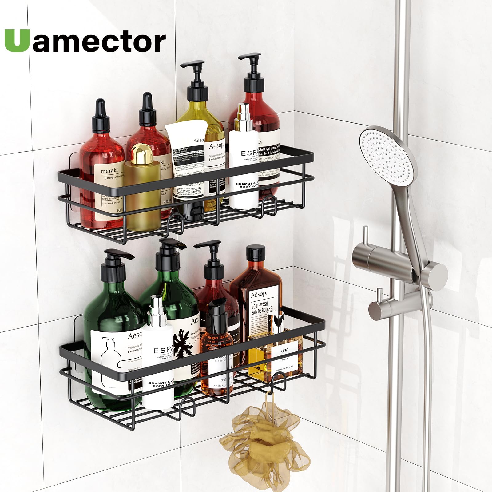 Uamector Rustproof Shower Caddy Organizer - Bathroom Wall Mounted Storage Shelf for Shampoo, Soap & Bath Essentials - Space Saving Bath Tub Organizer for Home Decor (Perfect for Small Bathrooms & Apartment Showers)