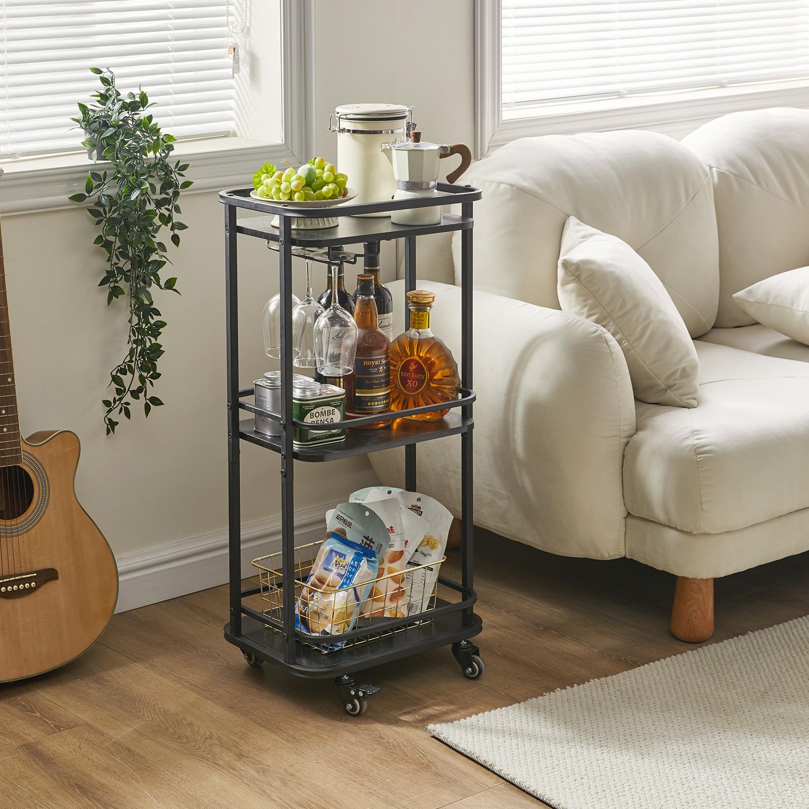 IBUYKE 3-Tier Rolling Bar Cart with Wheels - 11.79x15.72x33.01 Inches Mobile Kitchen Storage Cart - Perfect for Home Bar, Outdoor Patio, Bedroom & Small Space Organization - TMJ319B