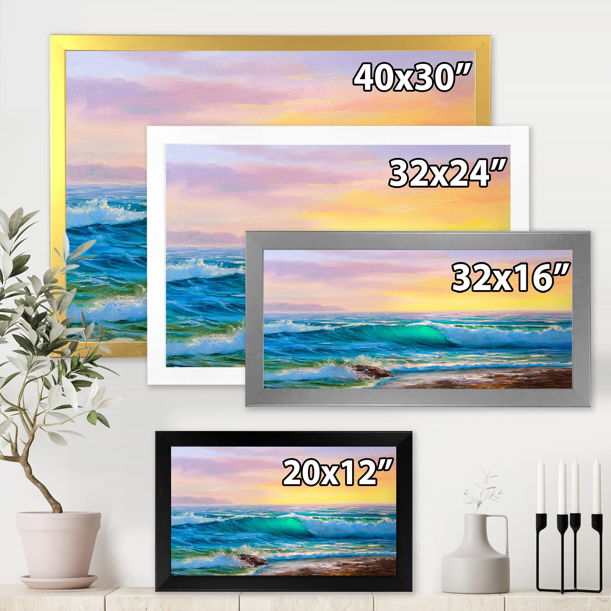 DesignQ Blue Waves Breaking At The Beach IV - Coastal Framed Wall Art for Living Room, Bedroom & Office Decor | Nautical Home Decor | Ocean Themed Wall Painting