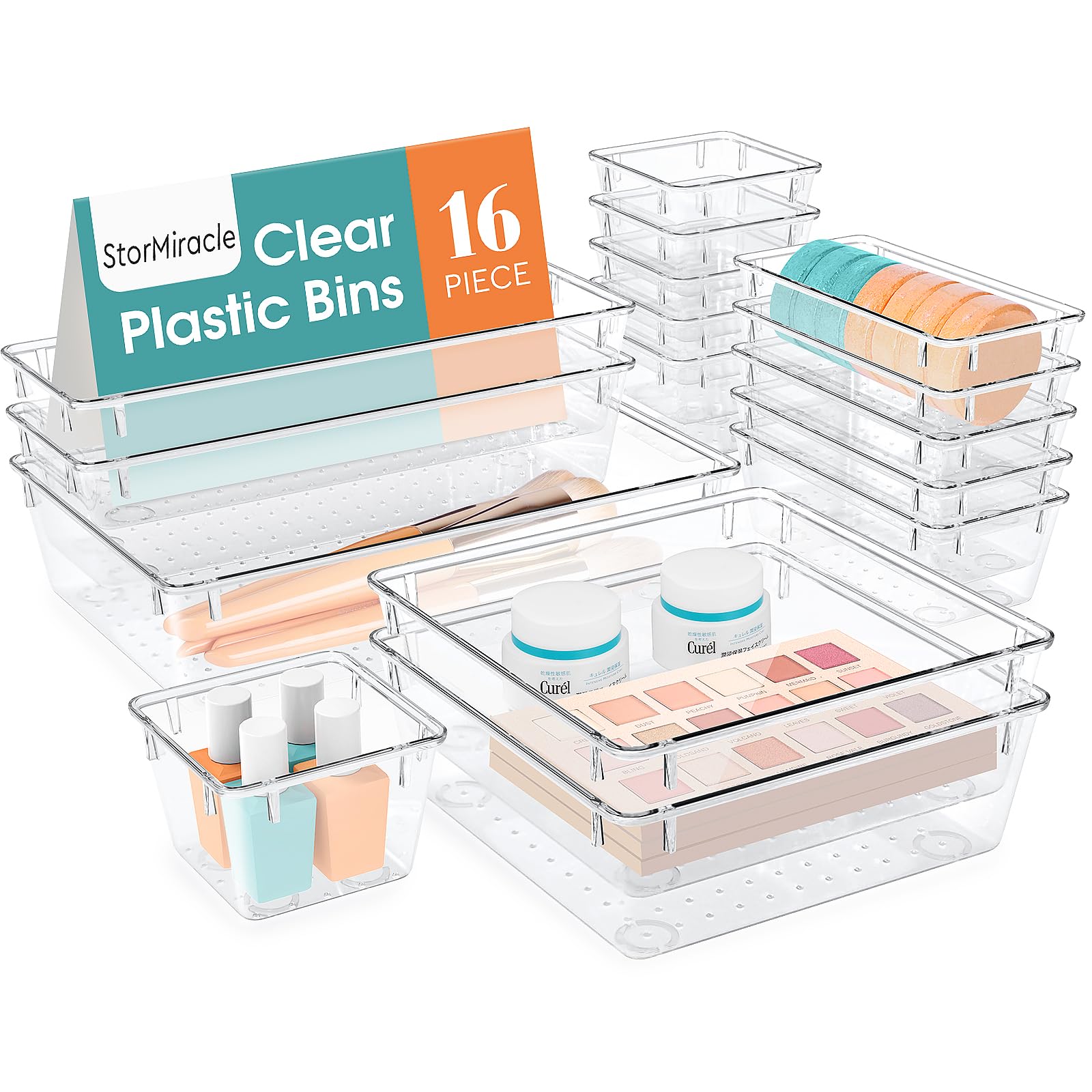 16-Piece Clear Drawer Organizer Set - 5 Sizes Bathroom & Kitchen Storage Trays for Makeup, Jewelry, Utensils - Perfect for Vanity, Dresser, Office & Closet Organization