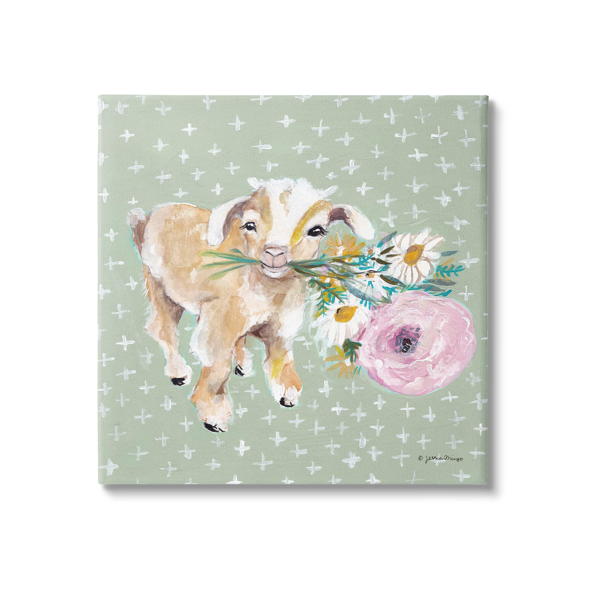Stupell Industries Attentive Buckling Goat Offering Flowers Framed Wall Art - Whimsical Farmhouse Decor by Jessica Mingo - Perfect for Nursery, Living Room or Country Style Home Decor