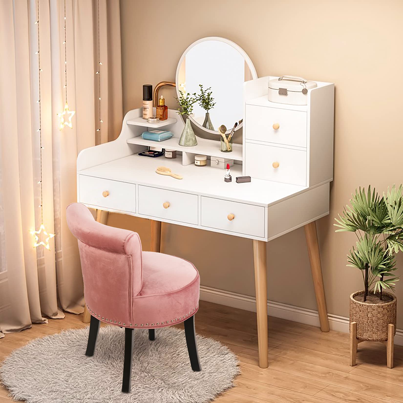 Pink Vanity Chair with Back - Small Makeup Stool for Bedroom, Girls Vanity Bench, Perfect Gift for Daughter - Elegant Seating for Dressing Table & Beauty Routine (Pink)