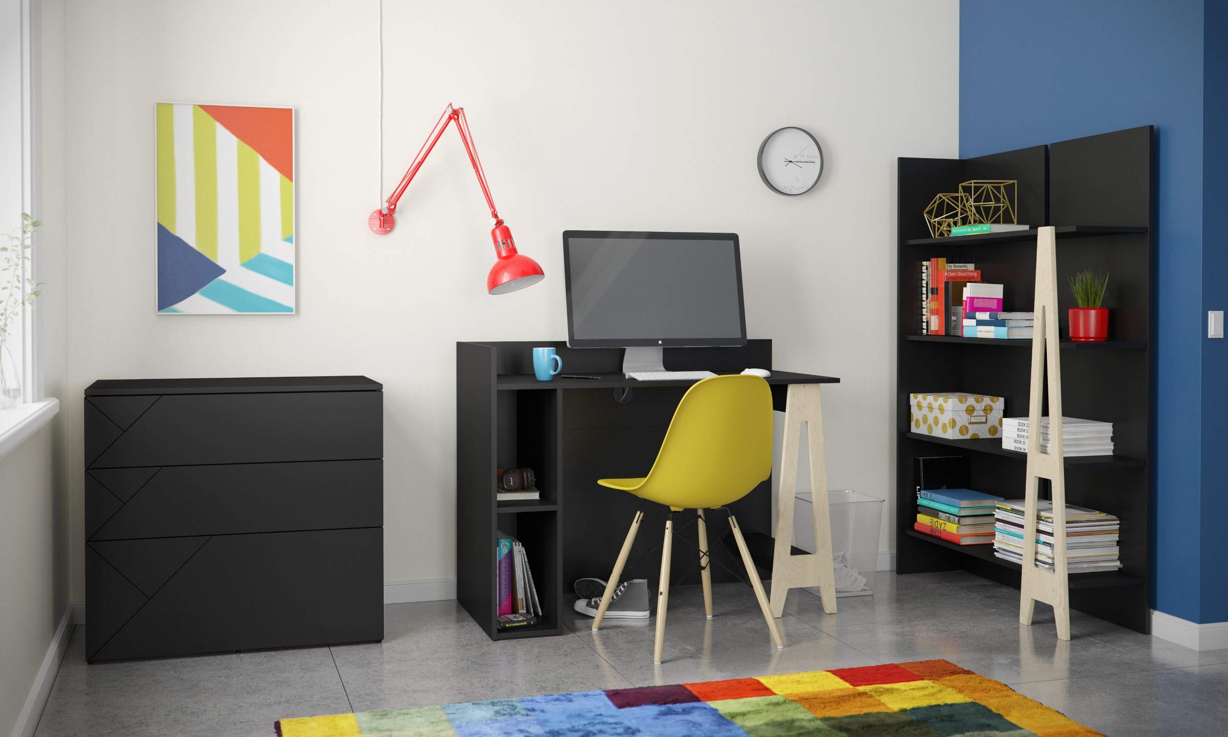 Nexera 608506 Modern Atypik Bookcase - Black & Birch Plywood Bookshelf for Home Office, Living Room, and Bedroom Storage