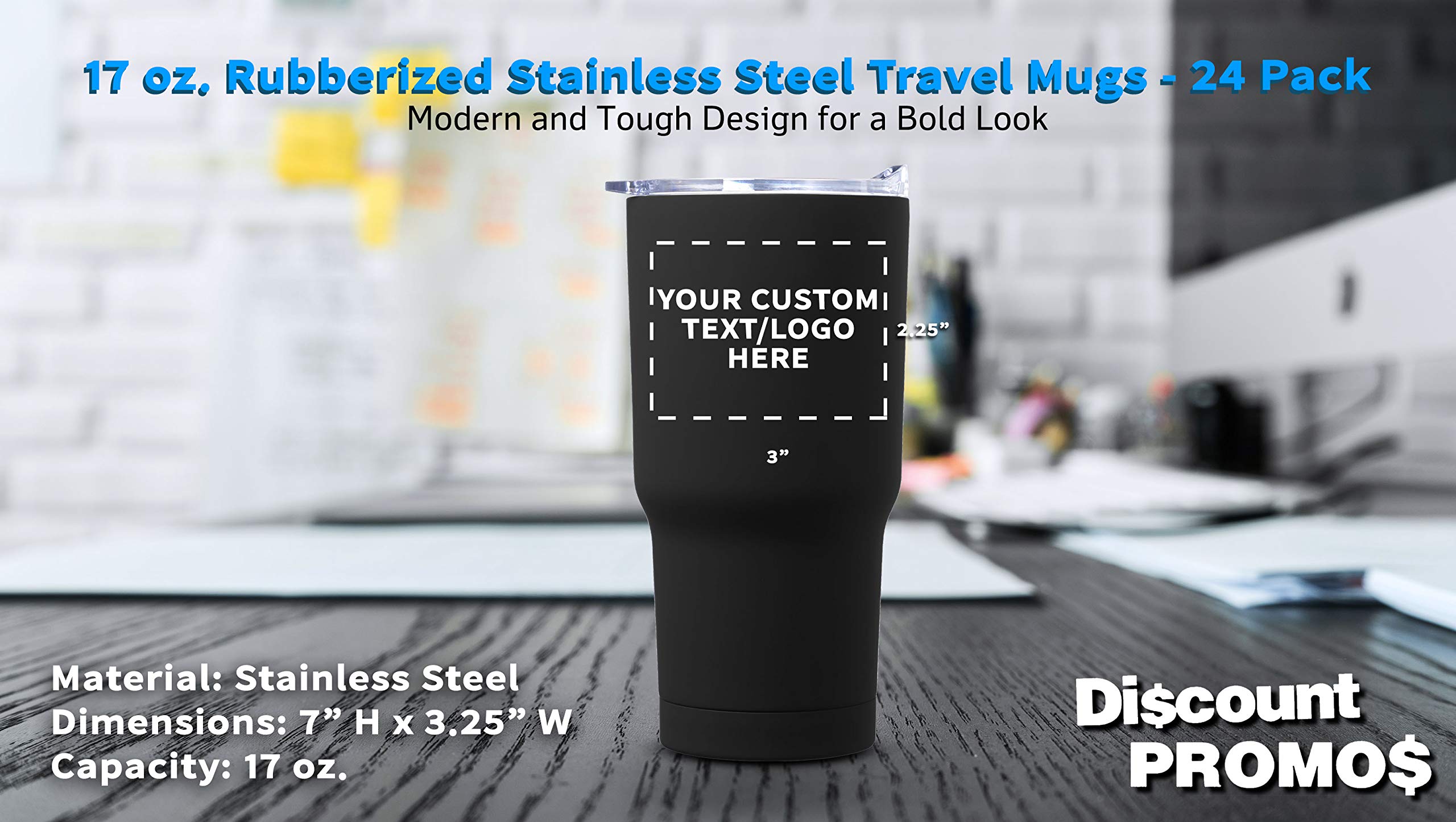 Custom 17 oz Rubberized Stainless Steel Travel Mugs - 24 Pack with Personalized Text & Logo - Black - Ideal for Corporate Gifts, Promotions & Office Use