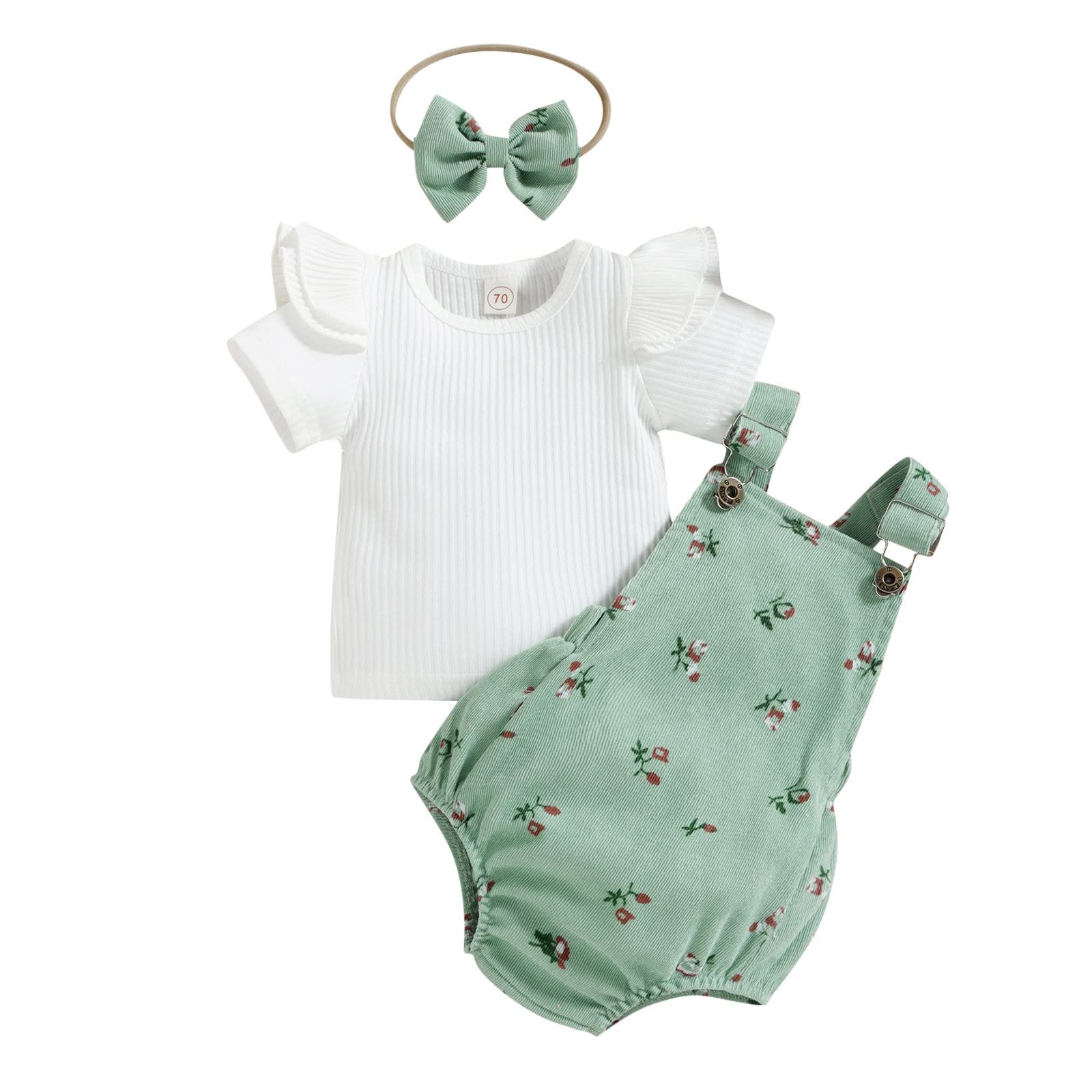 Toddler Girls' Ruffled Short Sleeve Ribbed T-Shirt & Suspenders Outfit Set with Headbands | Cute Casual Summer Playwear for Infants