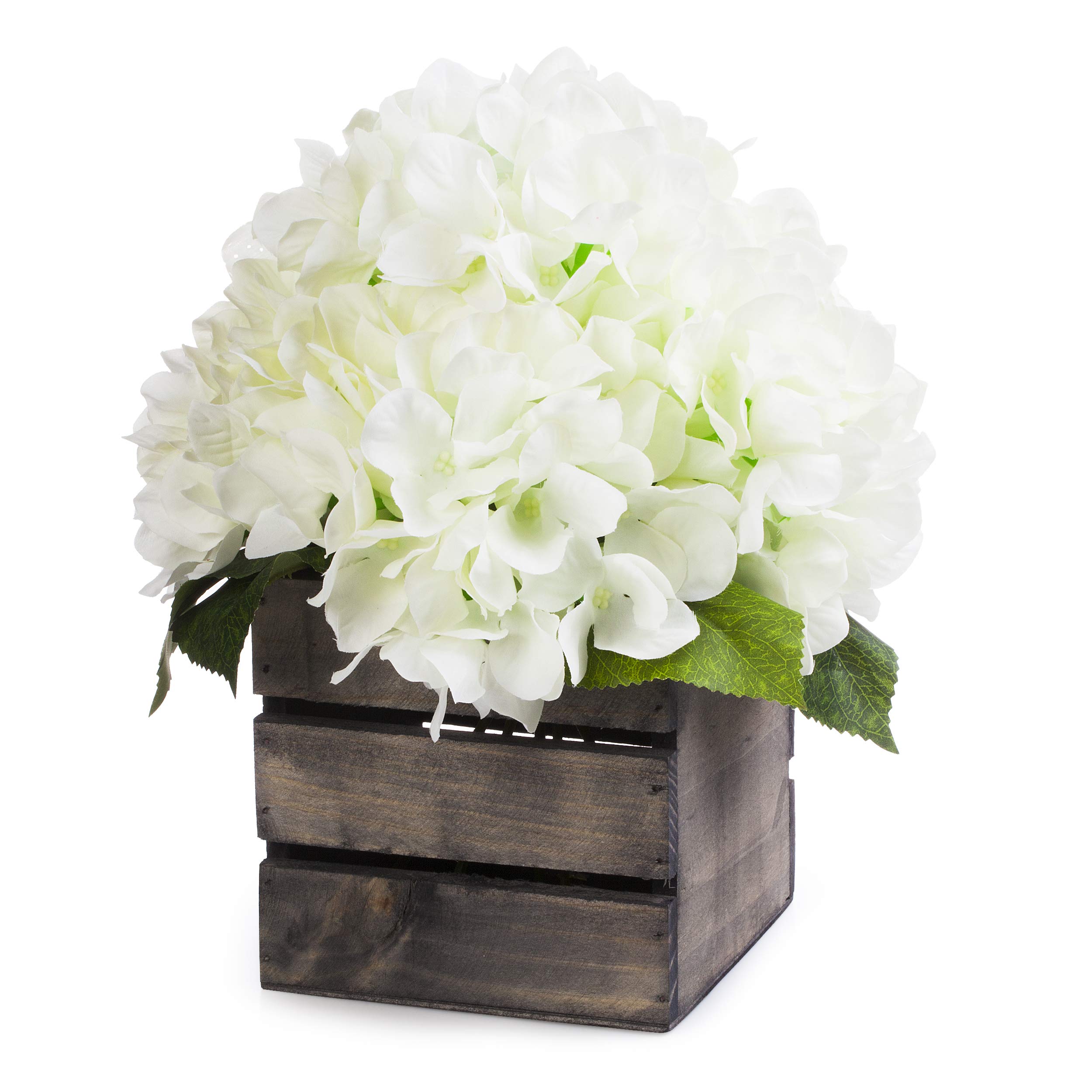 ENOVA HOME Artificial Hydrangea Silk Flowers in Wood Planter - Cream Floral Arrangement for Home Decor, Wedding Centerpieces, Table Decorations & Indoor Office Decoration