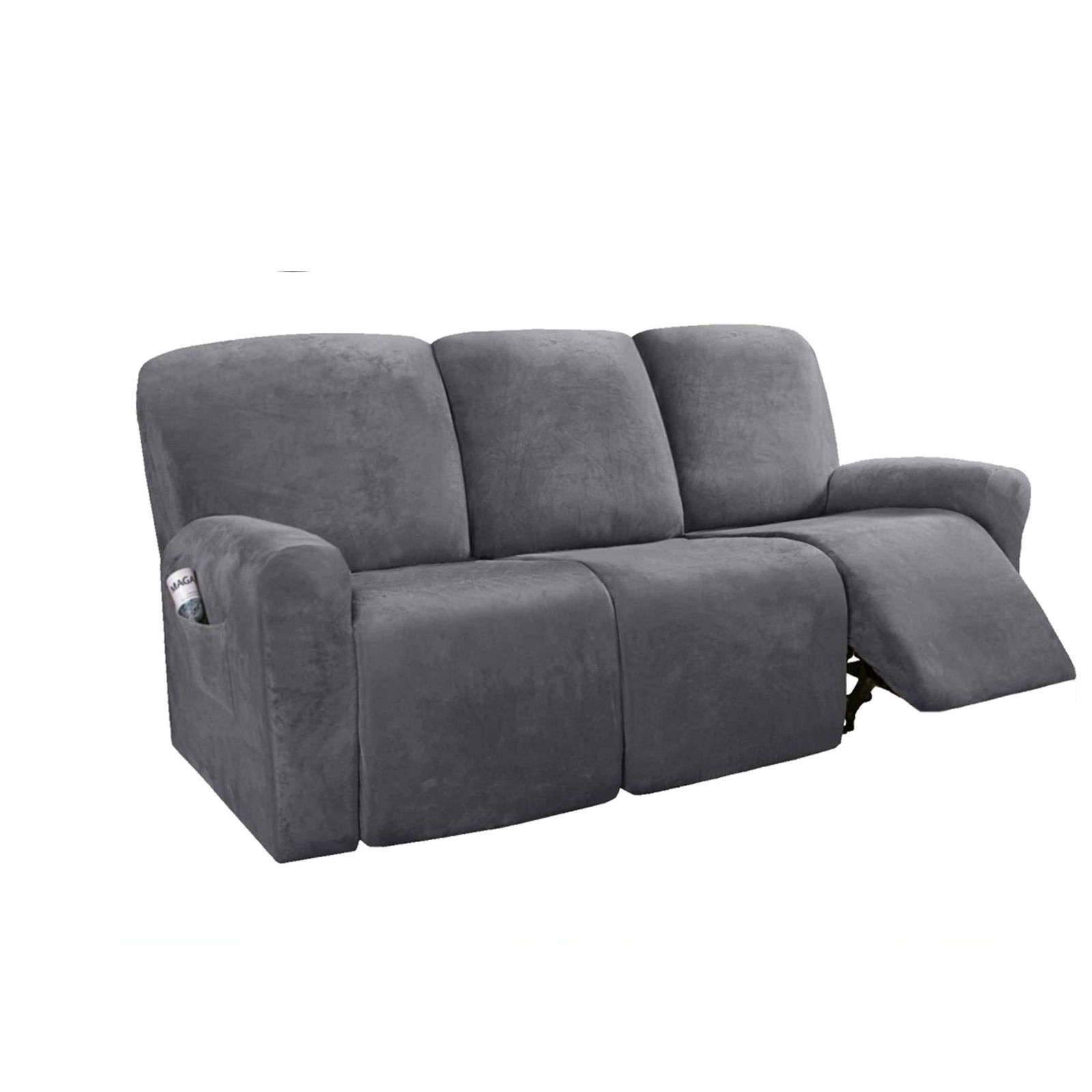 MO&SU Velvet Stretch Recliner Slipcover - Universal Fit for 1, 2, 3 & 4 Seater Recliners - Armrest Protection Sofa Cover - Soft Gray Furniture Protector (8-Piece Set) - Perfect for Living Room, Home Theater & Family Gatherings