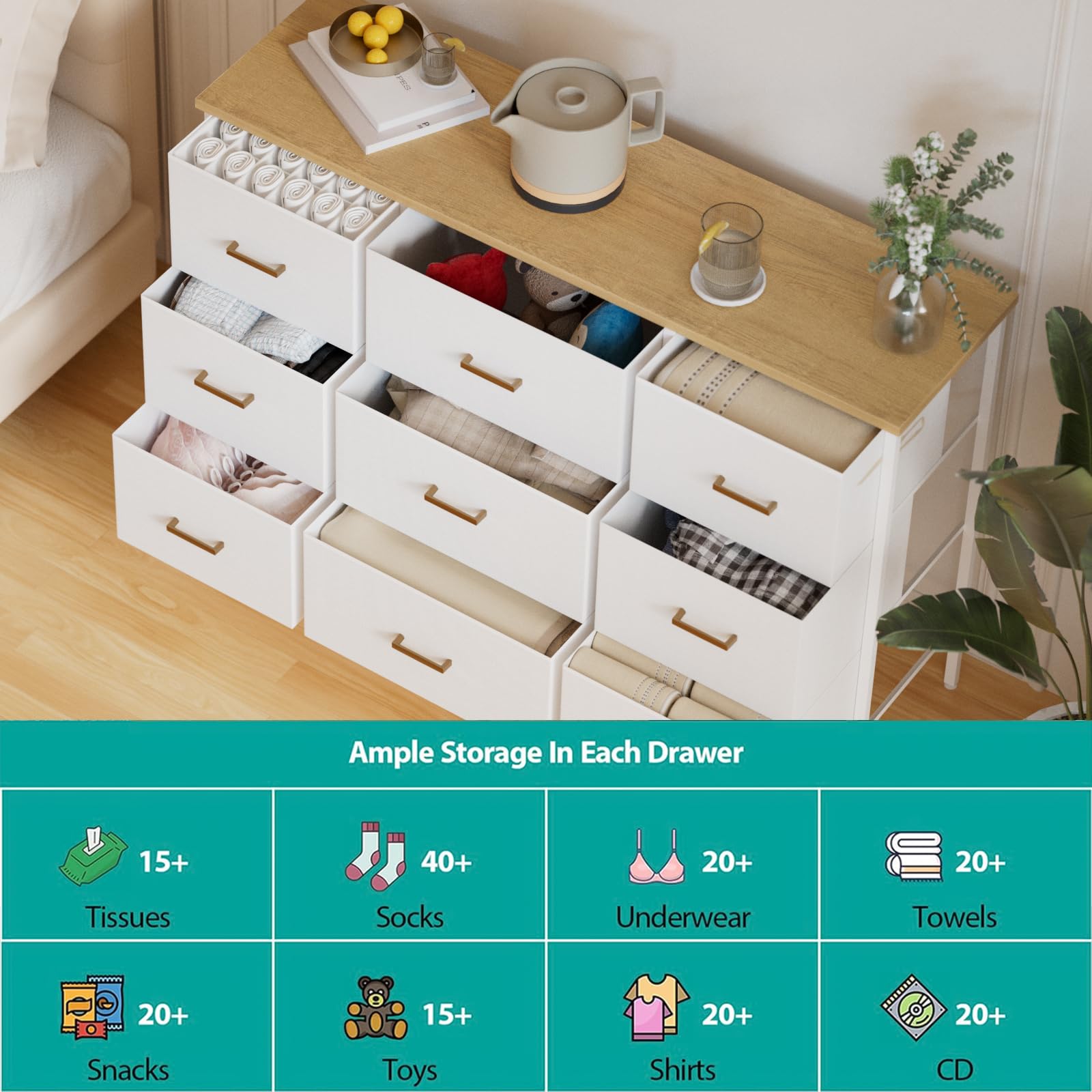Modern Wide TV Stand with 9 Drawers - White Fabric Storage Cabinet for Bedroom, Living Room & Nursery | TV Console, Dresser & Closet Organizer for Home Entertainment & Storage Solutions