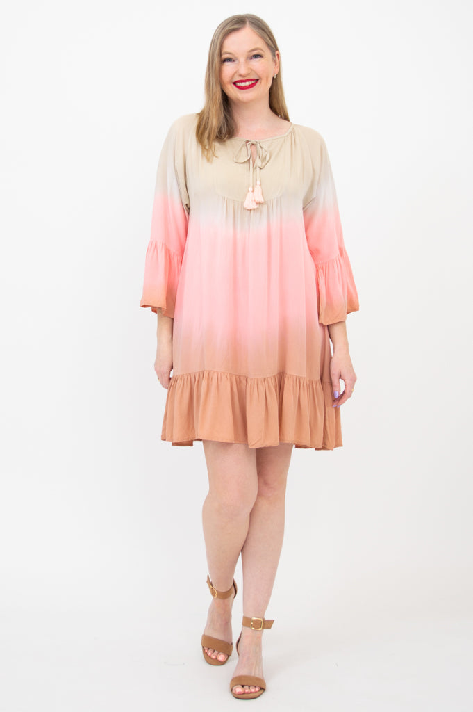 Ellie Dress - Tan Dip Dye Flowy Midi Dress for Women | Boho Chic Summer Dress for Beach, Vacation & Date Night