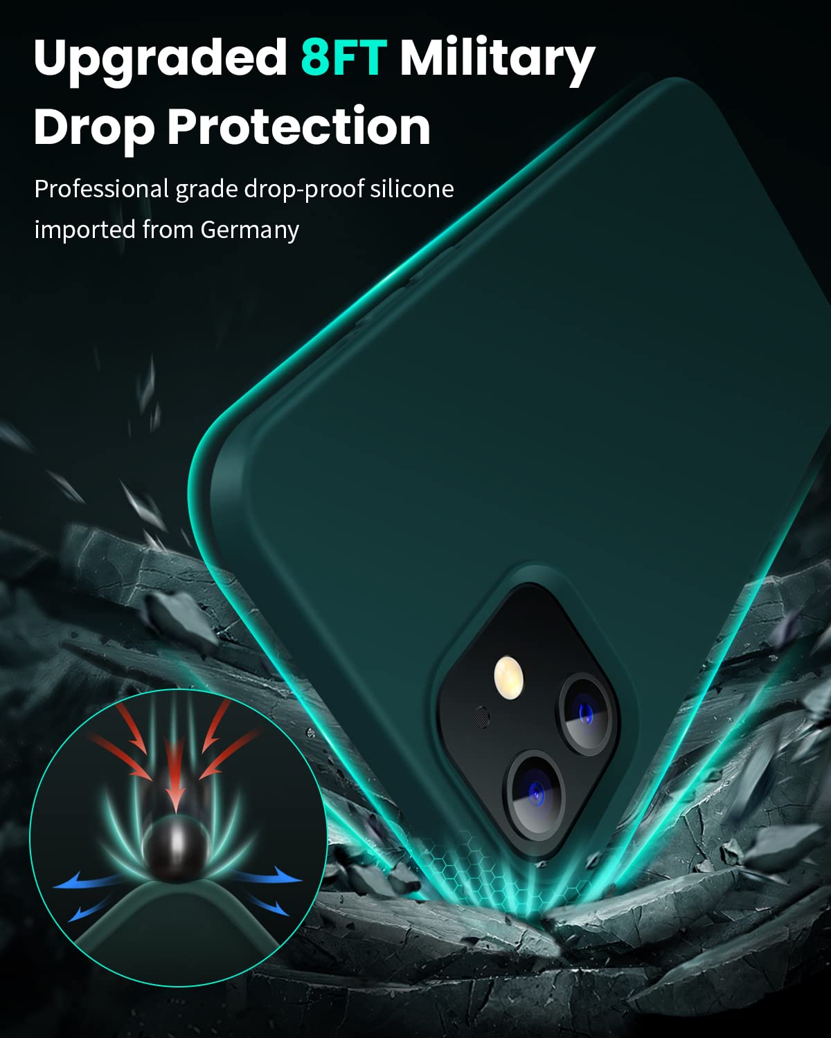OuXul Liquid Silicone Gel Rubber Phone Case for iPhone 12/12 Pro (6.1 inch) - Slim Soft Protective Cover with Microfiber Lining | Shockproof & Scratch Resistant | Perfect for Daily Use, Work & Travel (Blackish Green)