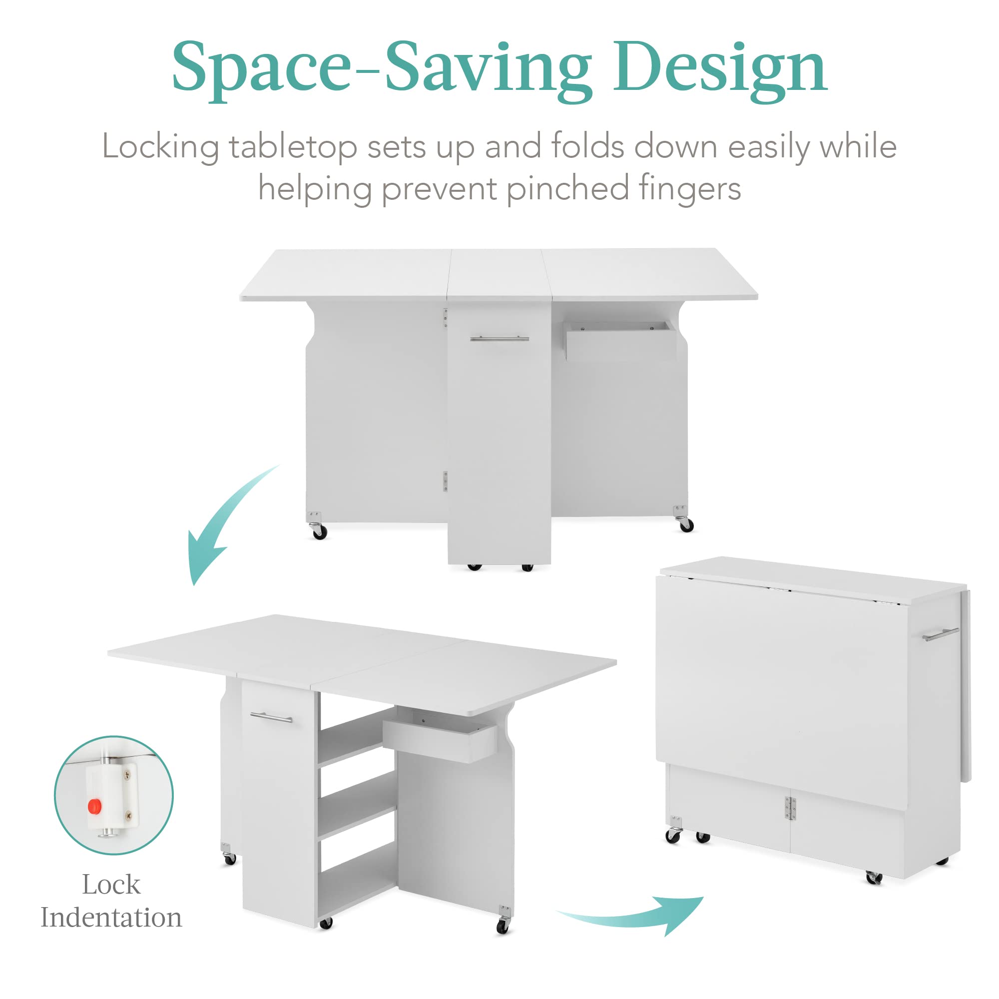 Best Choice Products Folding Dining Table with Wheels - White Space Saving Drop Leaf Extension Desk with 3 Storage Shelves, Perfect for Small Apartments, Kitchens, Dorm Rooms & Home Offices