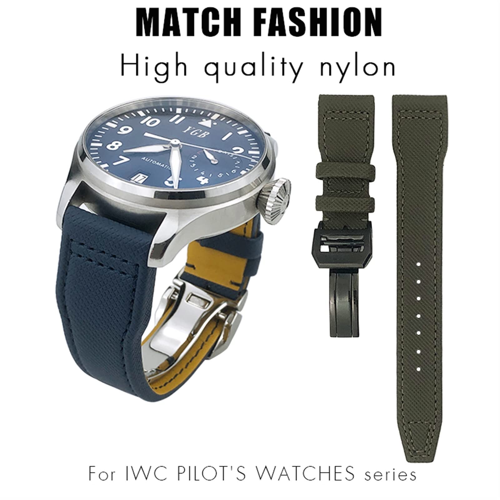 **WSCEBCK Fiber Canvas Watch Band 20mm 21mm 22mm for IWC Le Petit Prince & Big Pilot TOP Gun IW3777 - Durable Sport Watch Strap (Green Square Buckle, 21mm) - Perfect for Casual, Outdoor & Aviation Enthusiasts**