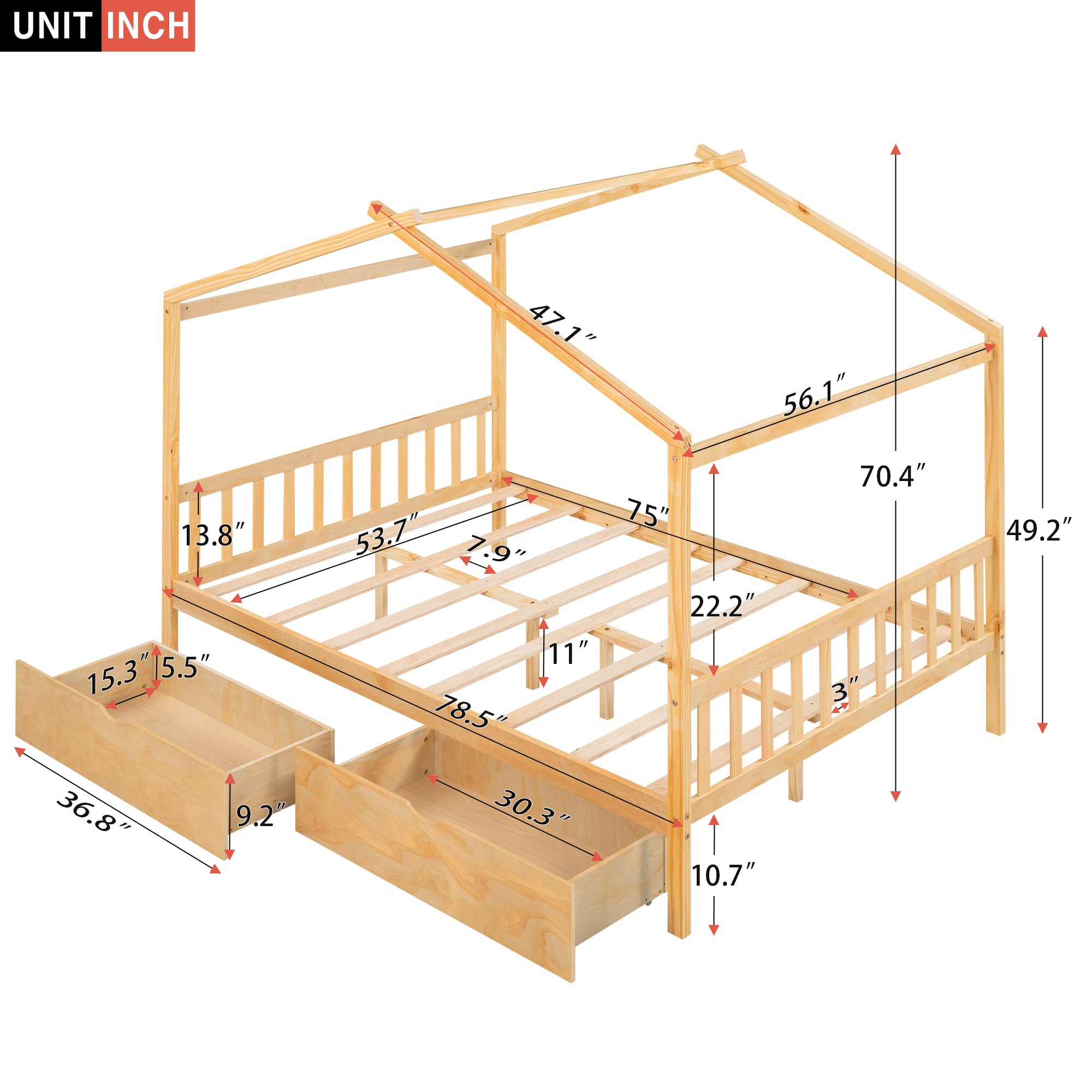 Wooden Full Size House Bed Frame with Storage for Kids - Girls & Boys Room Decor