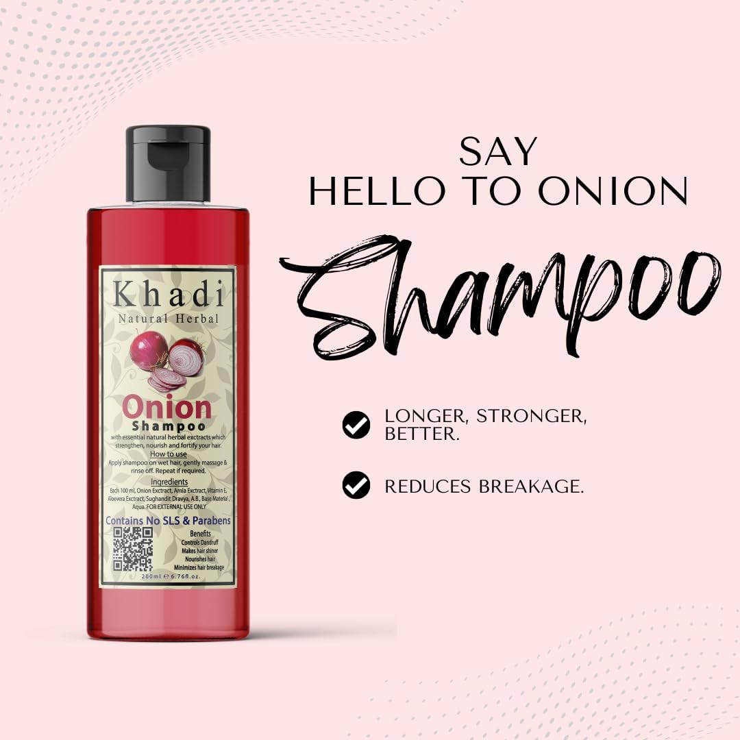Khadi Natural Herbal Onion Shampoo for Hair Growth & Anti-Dandruff | Strengthens Hair with Amla, Aloe Vera & Vitamin E | 200ml | Perfect for Daily Hair Care & Scalp Nourishment