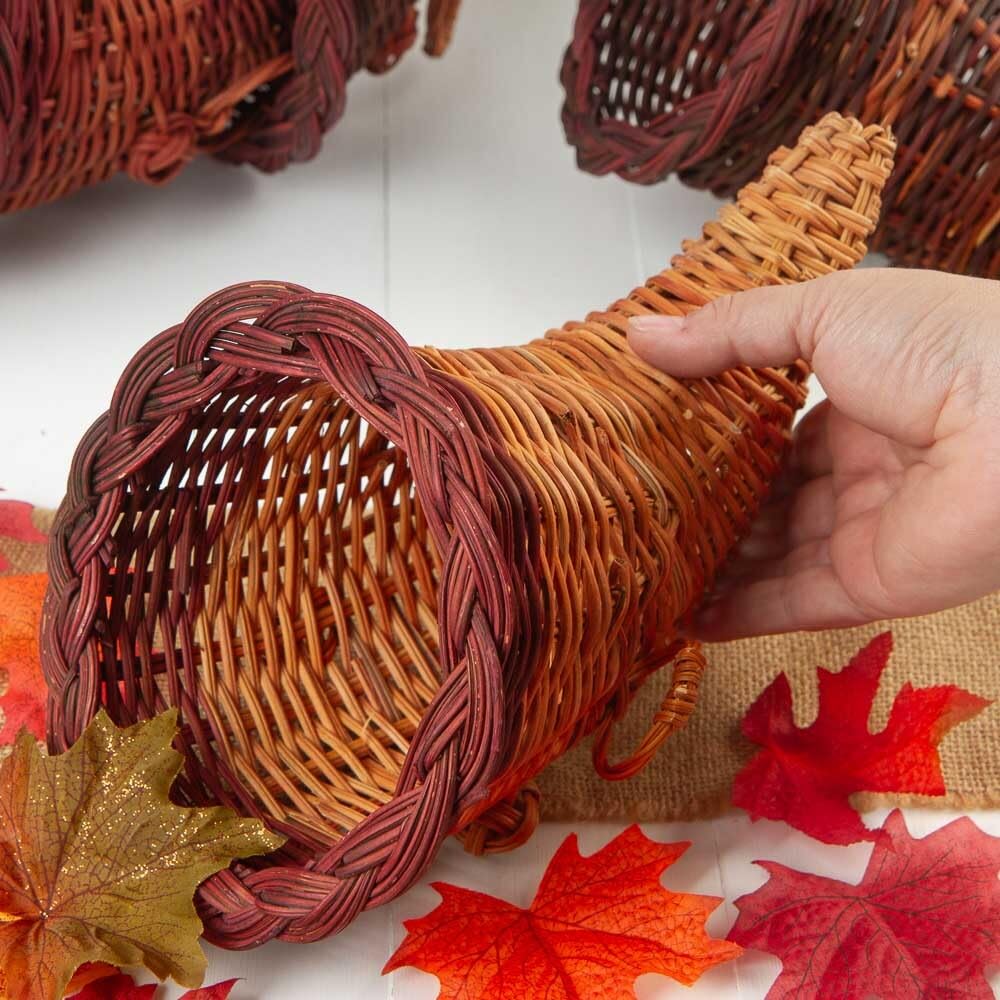 12-Pack Thanksgiving Cornucopia Horn of Plenty Baskets - Natural Wicker Harvest Centerpieces for Fall Table Decor, Autumn Party Supplies & Holiday Display | Bulk Wholesale by Factory Direct Craft