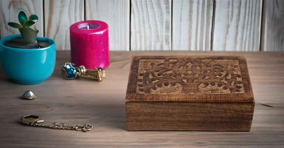 Handmade Wooden Jewelry Box with Tree of Life Carving - Jewelry Organizer, Keepsake Box & Treasure Chest for Women - Perfect Birthday, Housewarming Gift & Watch Storage - Elegant Home Decor for Bedroom & Dresser