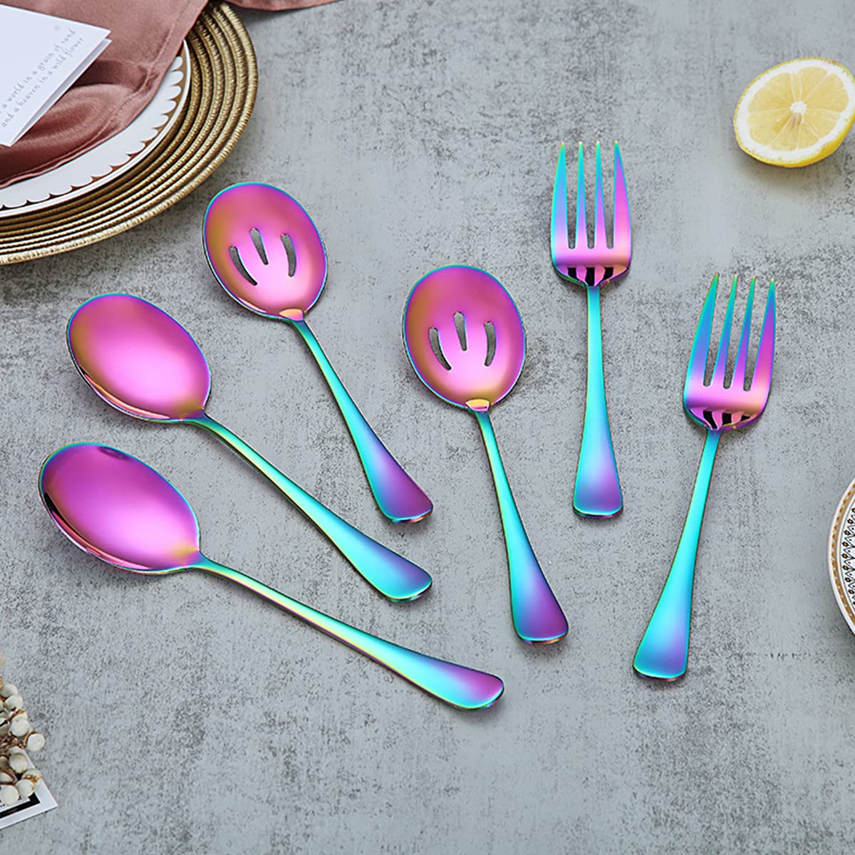 Rainbow Stainless Steel Serving Utensil Set - 12 Piece Kitchen Tools Including Serving Spoons, Slotted Spoons, Forks, Cake Server, Butter Knife & Tongs - Dishwasher Safe for Parties, BBQs & Family Dinners